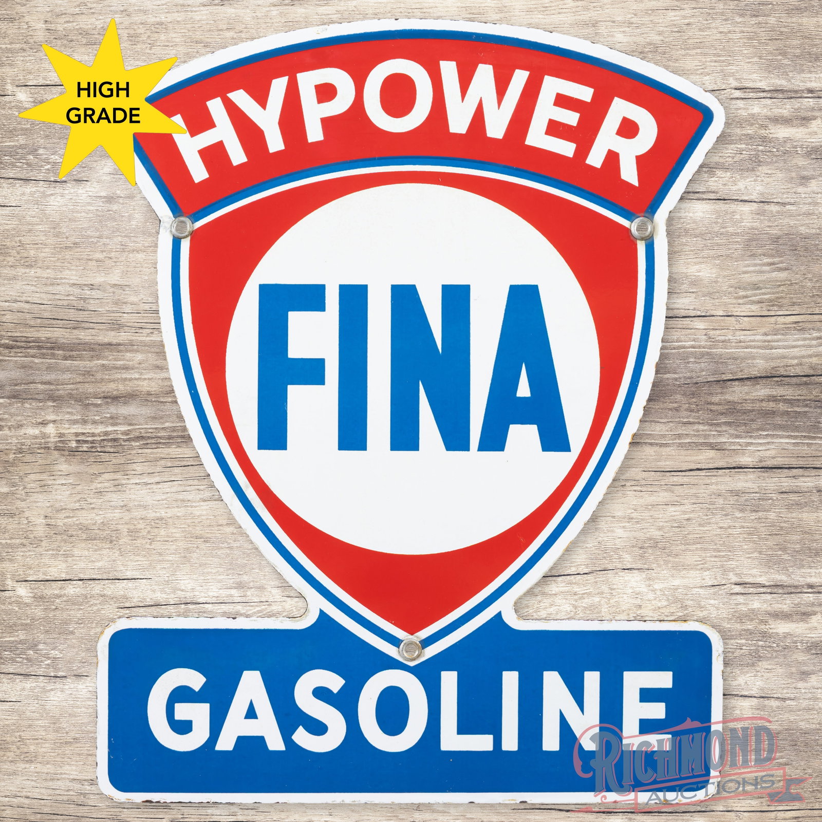 Fina Hypower Gasoline Single Sided Porcelain Pump Plate Sign: SSP (single sided porcelain) die cut pump plate has excellent color and gloss. The field is clean. The perimeter has light wear with tiny chips along the outer edges. All three factory grommets are pr