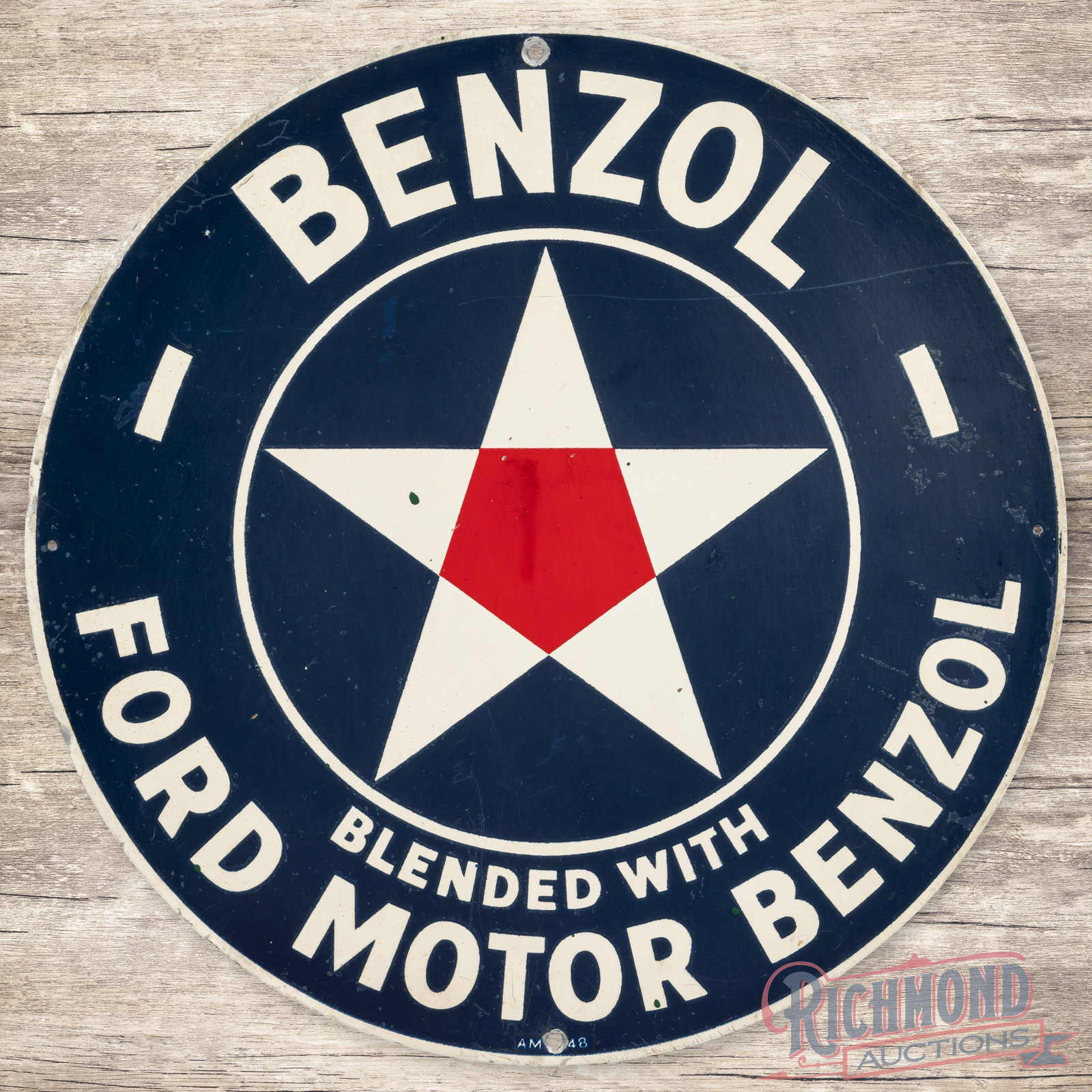 Rare 1948 Ford Motor Benzol 14" Single Sided Tin Gas Pump Plate Sign: Single sided aluminum pump plate sign has very good color and shine. The field has light wear with an area of discoloration to the red and a handful of errant paint drips. The outer fields and perimet