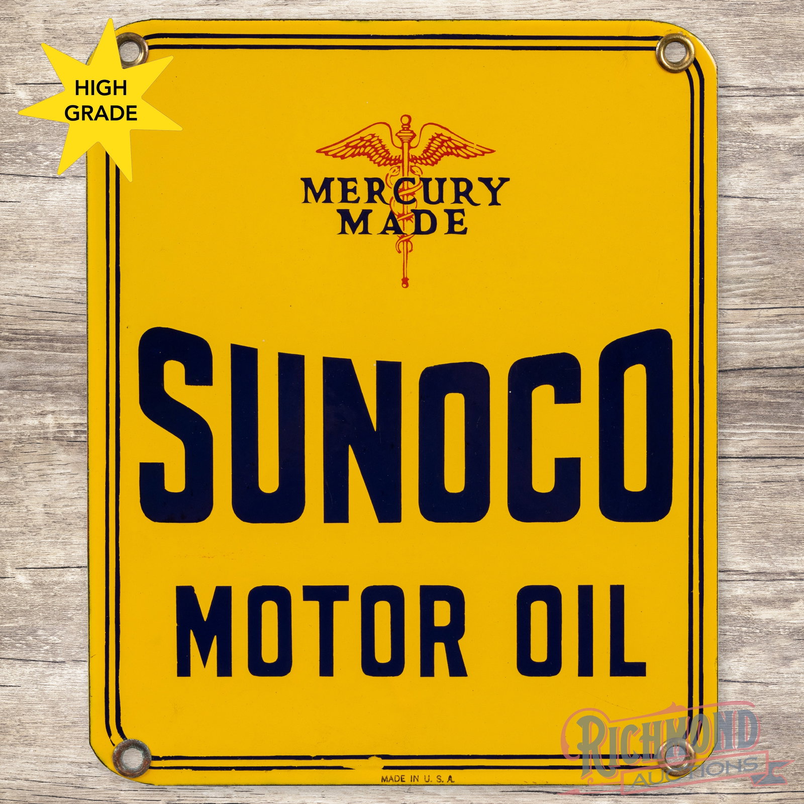 Sunoco Mercury Made Motor Oil Single Sided Porcelain Logo Sign: SSP (single sided porcelain) sign has excellent color and gloss. The field is very clean overall with minor surface imperfections. The perimeter has a faint crazing line on the upper right edge and a 