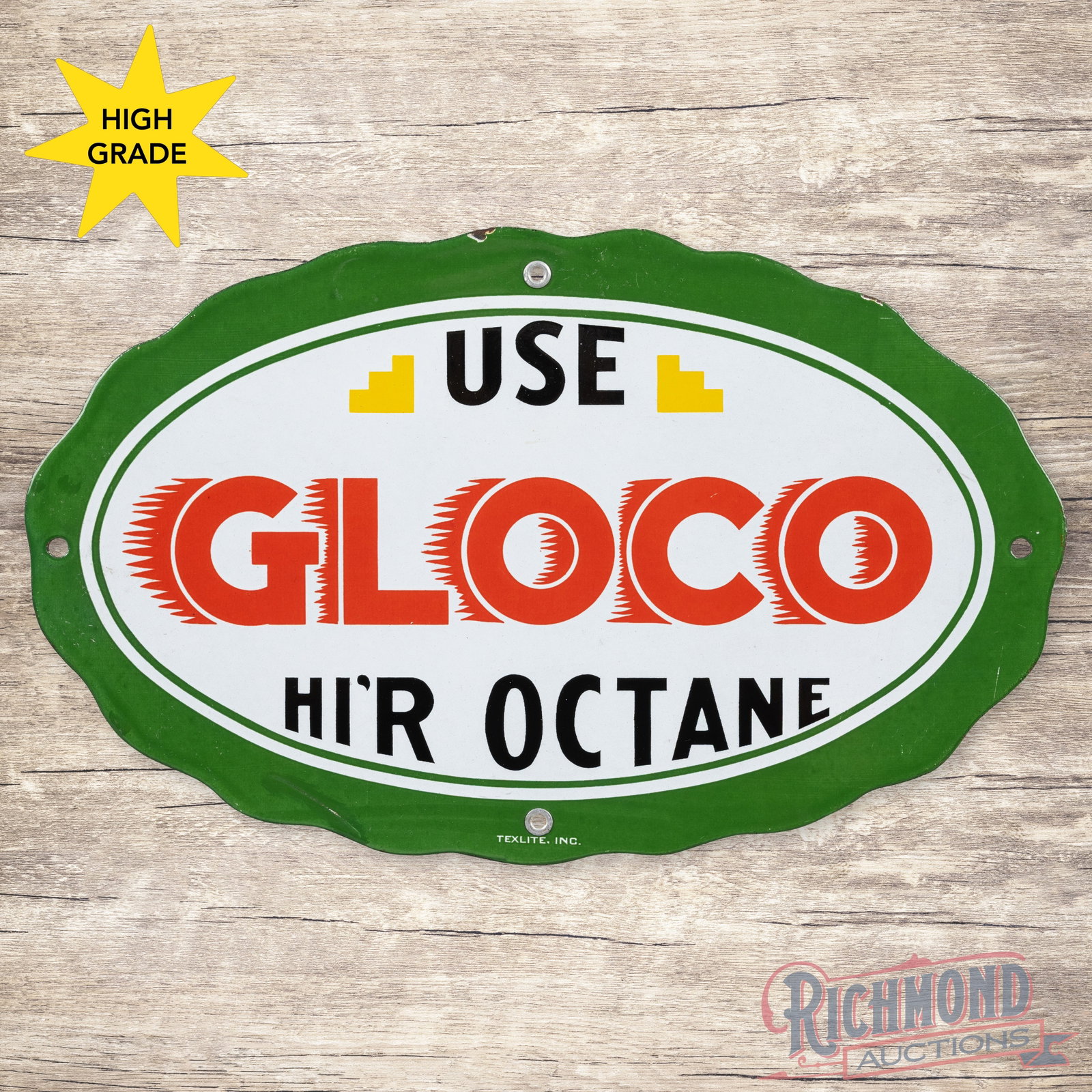 Use Gloco Hi'R Octane Gasoline Single Sided Porcelain Pump Plate Sign: SSP (single sided porcelain) die cut pump plate has excellent color and gloss. The display is clean with a few tiny surface imperfections. The perimeter has a factory blemish on the lower left edge, l