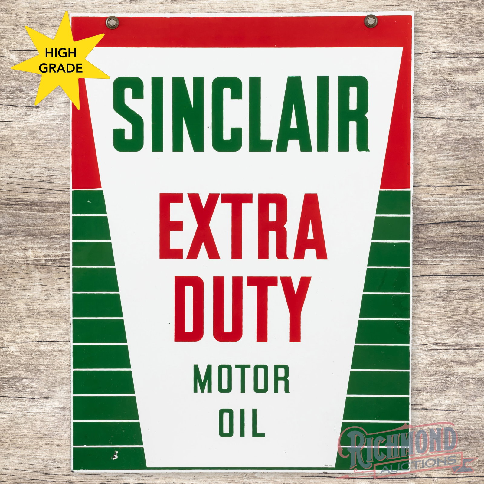 Sinclair Extra Duty Motor Oil Double Sided Porcelain Sign: DSP (double sided porcelain) sign has outstanding color and gloss. Side #1 is exceptionally clean with a small fine scratch in the "A" of Extra. The reverse has a small flake to the left of the "F" an