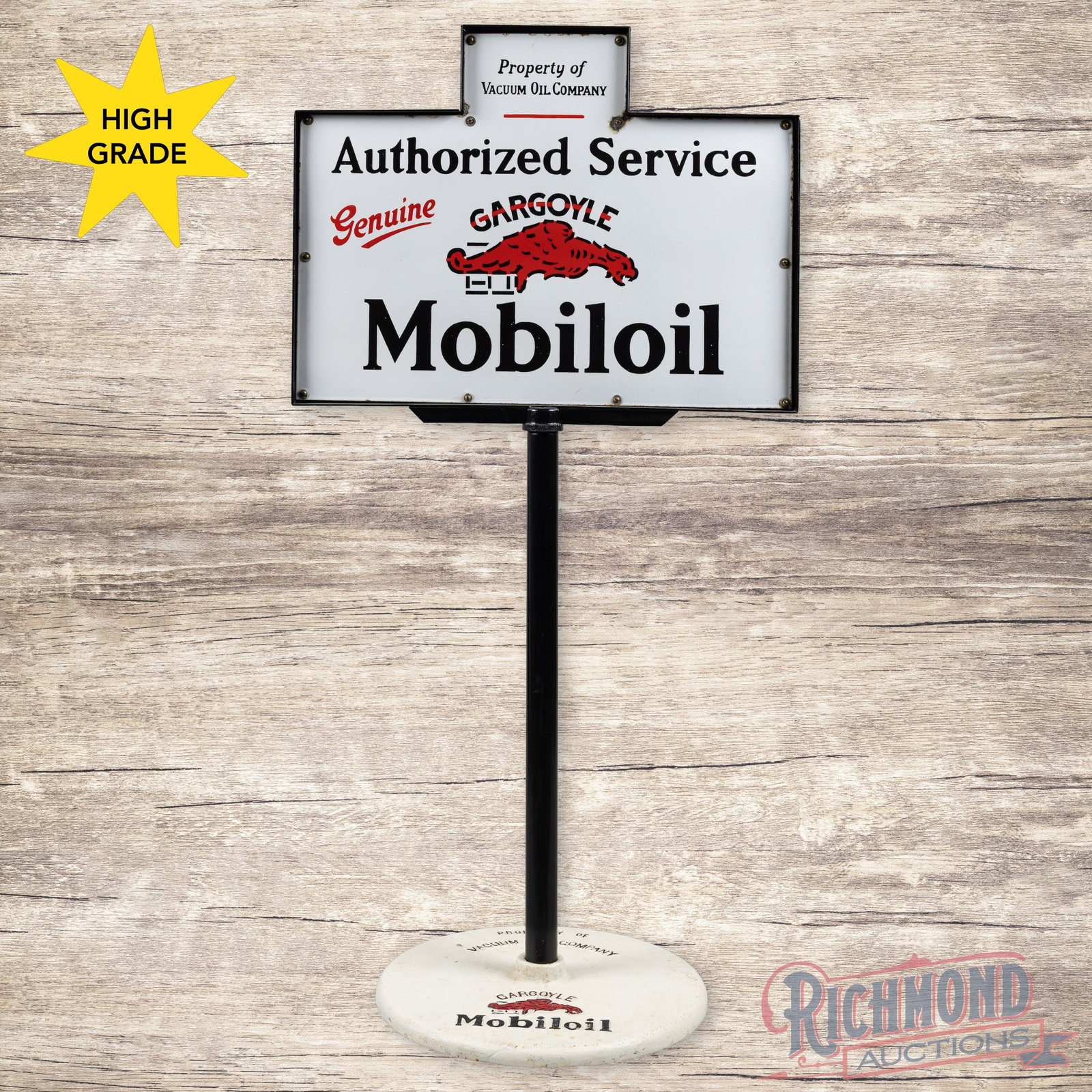 Genuine Gargoyle Mobiloil Authorized Service Single Sided Porcelain Curb Sign: SSP (single sided porcelain) die cut oil bottle rack sign with an added frame, pole and Gargoyle Mobiloil base has excellent color and gloss. The field is very clean overall with light surface wear. T