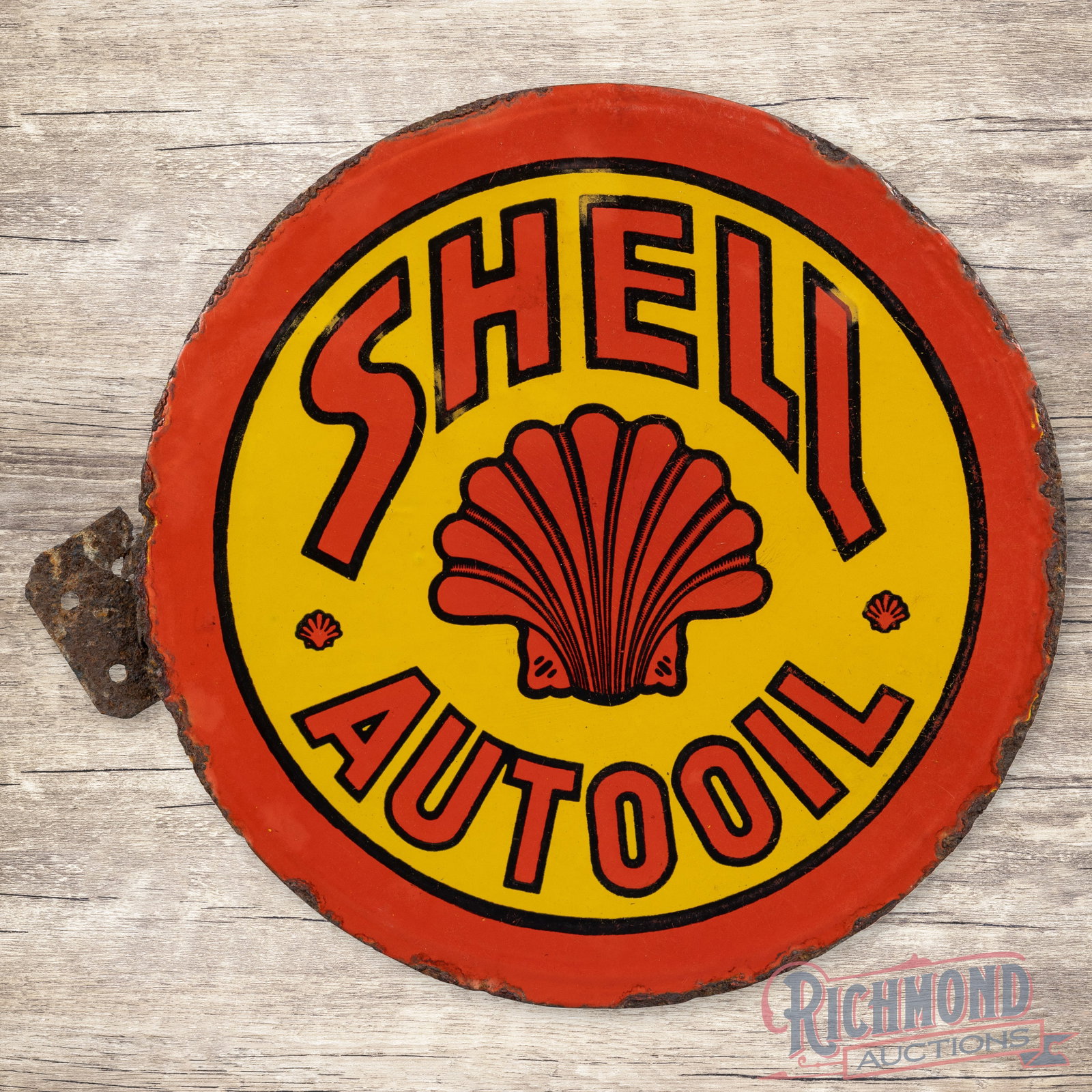 Early Shell Auto Oil Double Sided Porcelain Flange Sign w/ Logo: DSP (double sided porcelain) flange has good color and gloss. Side #1 has surface wear with areas of wash in the outer fields. The perimeter has edge wear with chips and oxidation. The flange is attac