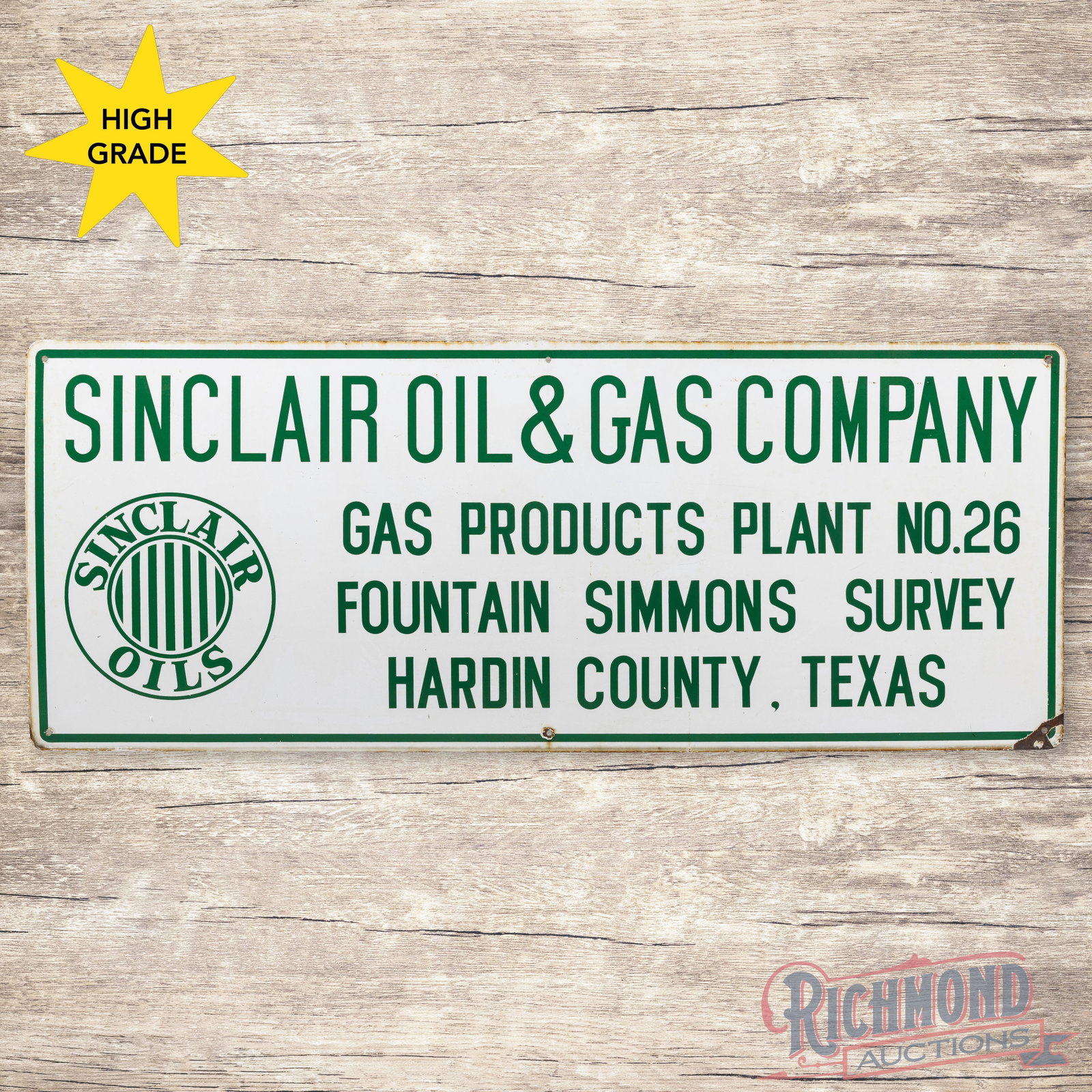 Sinclair Oil & Gas Company Gas Plant Fountain Simmons Survey Hardin County TX 5' Porcelain Logo Sign: SSP (single sided porcelain) sign has outstanding color and gloss. The field is exceptionally clean with minor marks and light wear. The perimeter has chips at a few of the mounting holes, a minor ben