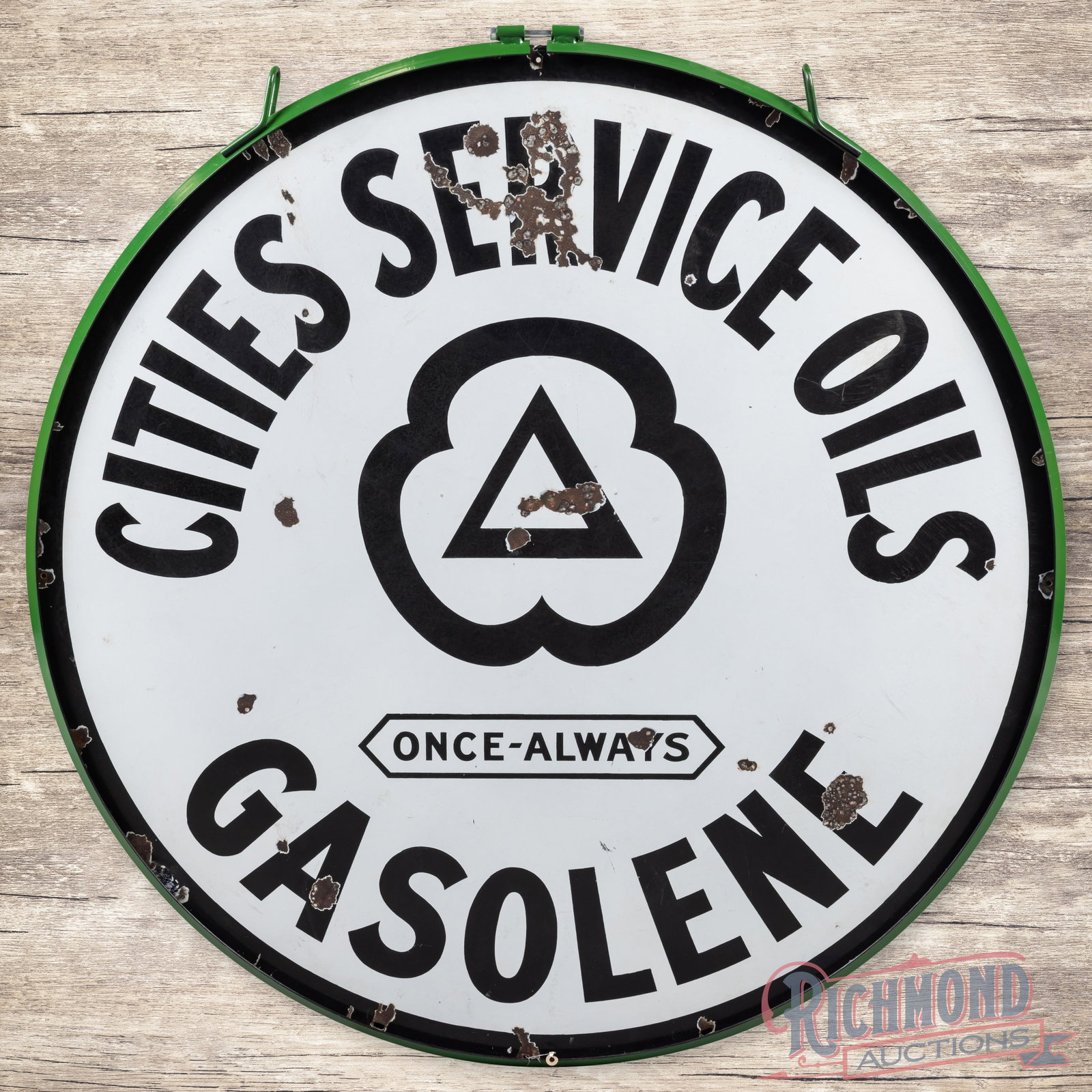 Cities Service "Once Always' Gasolene 48" Double Sided Porcelain Sign w/ Ring: DSP (double sided porcelain) sign with a metal ring has good color and gloss. The display has surface wear with chips and crazing in the outer fields. The perimeter has additional chips with four smal