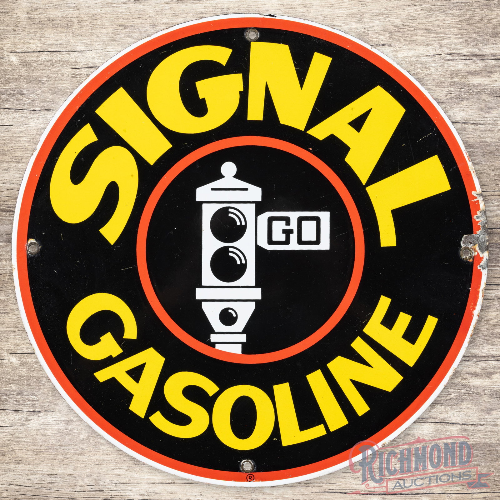Signal Gasoline Single Sided Porcelain Pump Plate Sign "Black Stoplight": SSP (single sided porcelain) sign has excellent color and gloss. The display has fine scratches with a tiny nick below the "A" in Signal and beside the "L" in Gasoline. The perimeter has chips which a