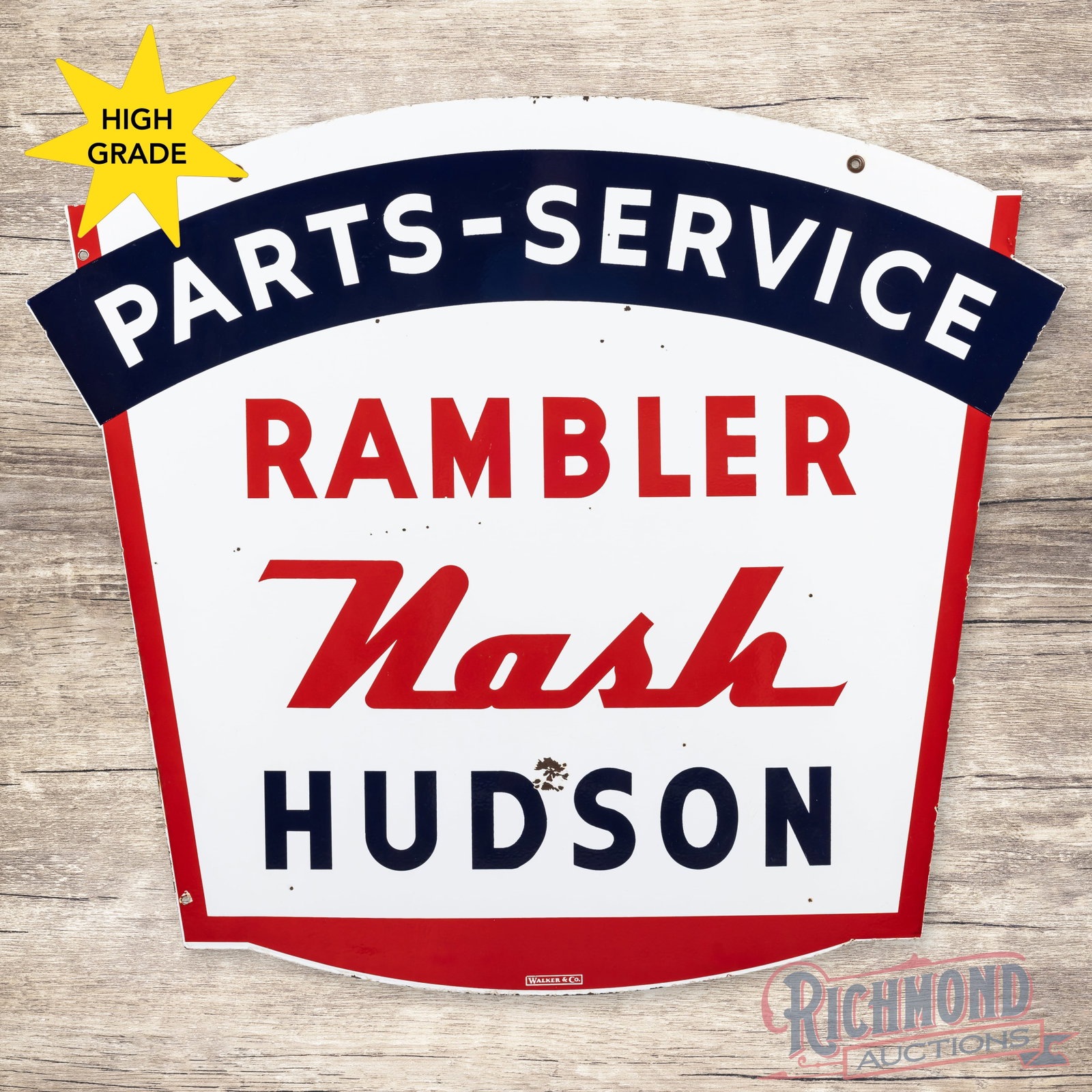 Rambler Nash Hudson Parts Service 42" Die Cut Double Sided Porcelain Sign: DSP (double sided porcelain) die cut sign has excellent color and gloss. The display has light wear with an eraser-sized chip in the upper field. The perimeter has small chips and wear along the outer