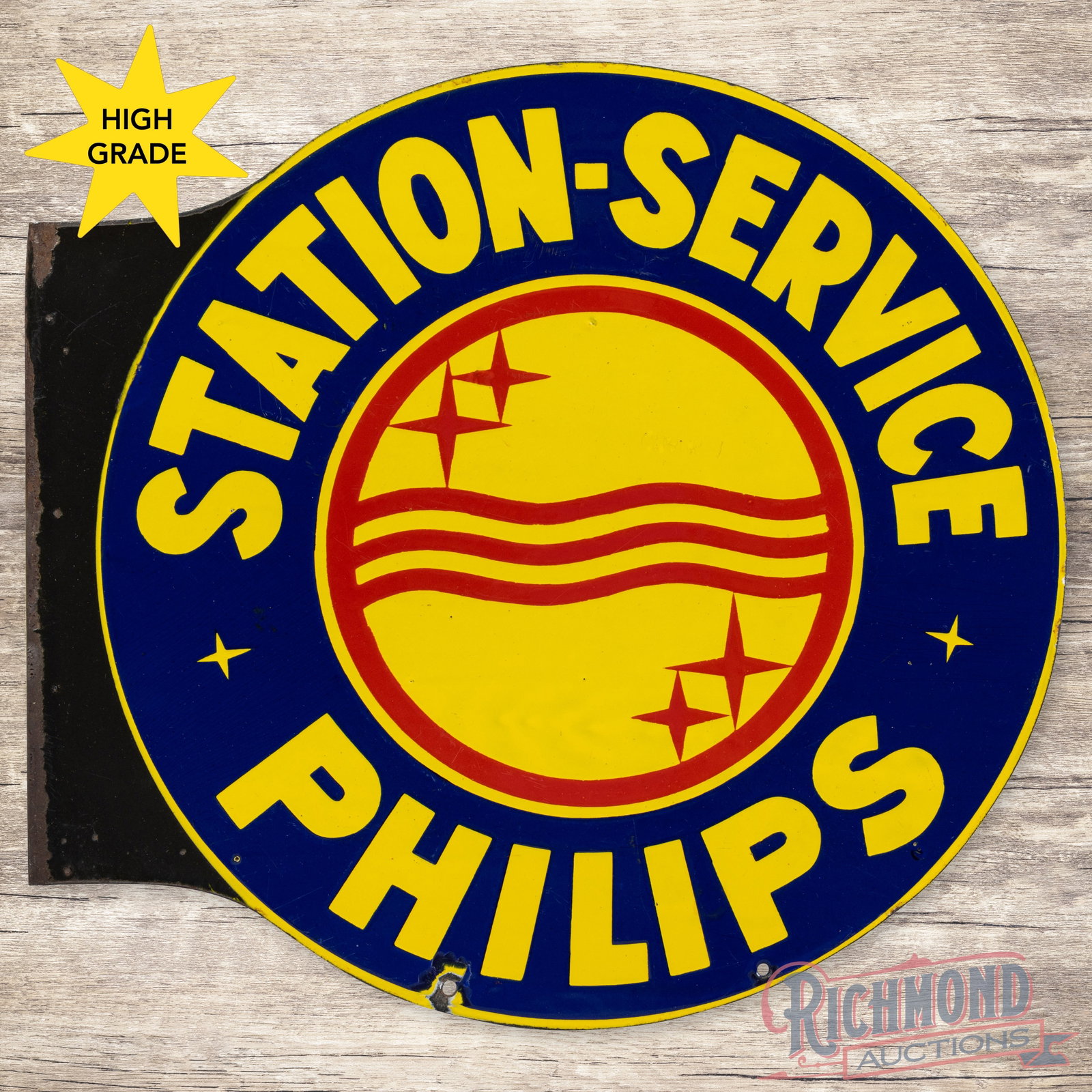 Philips Station Service Double Sided Porcelain Flange: DSP (double sided porcelain) flange has excellent color and gloss. Side #1 has a clean field with minor surface imperfections. The perimeter has tiny chips at the lower mounting holes and edges with a