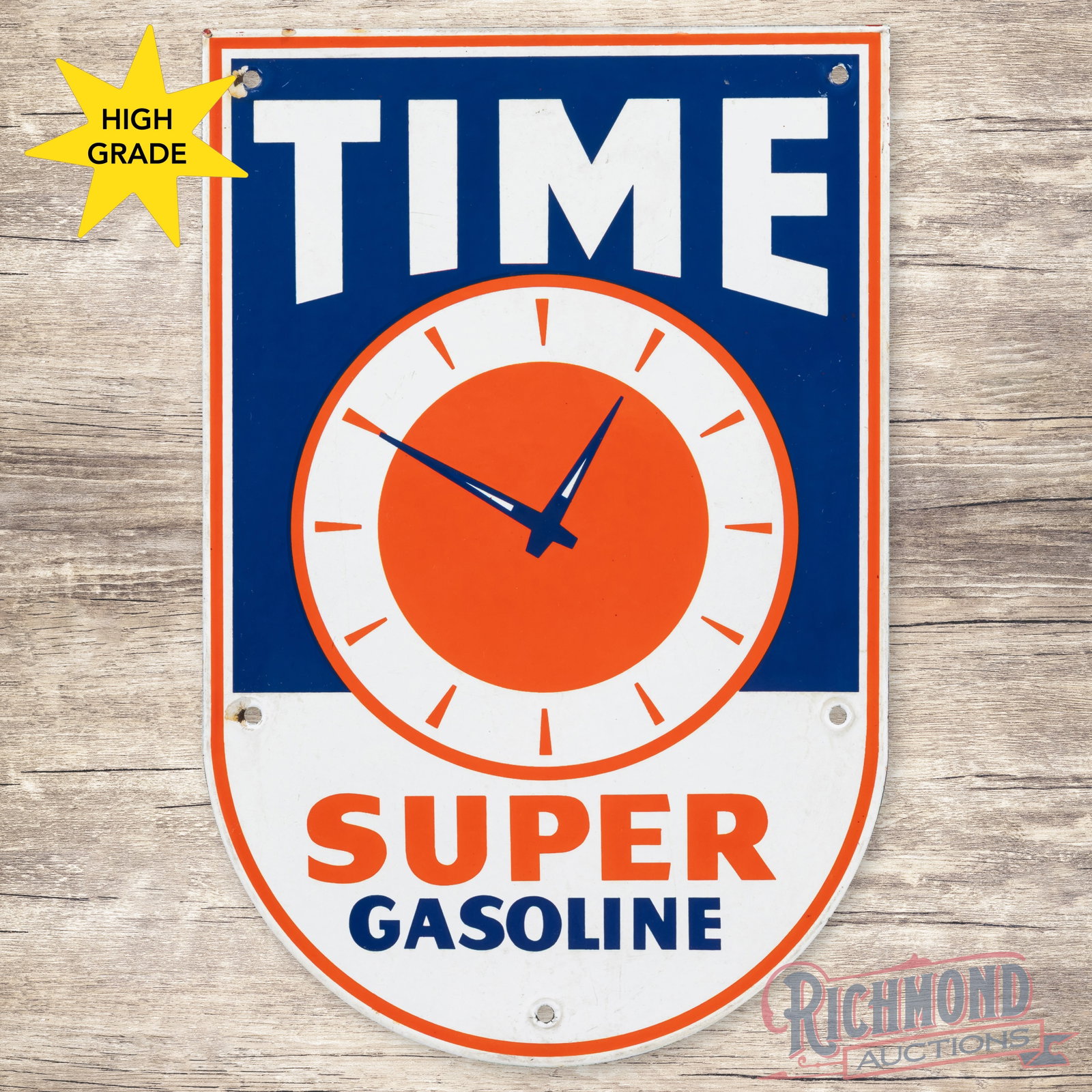 Time Super Gasoline Single Sided Porcelain Pump Plate Sign: SSP (single sided porcelain) pump sign has excellent color and gloss. The display has light wear with small chips at the mount holes and slight discoloration along the edges. All in all a tough to fin