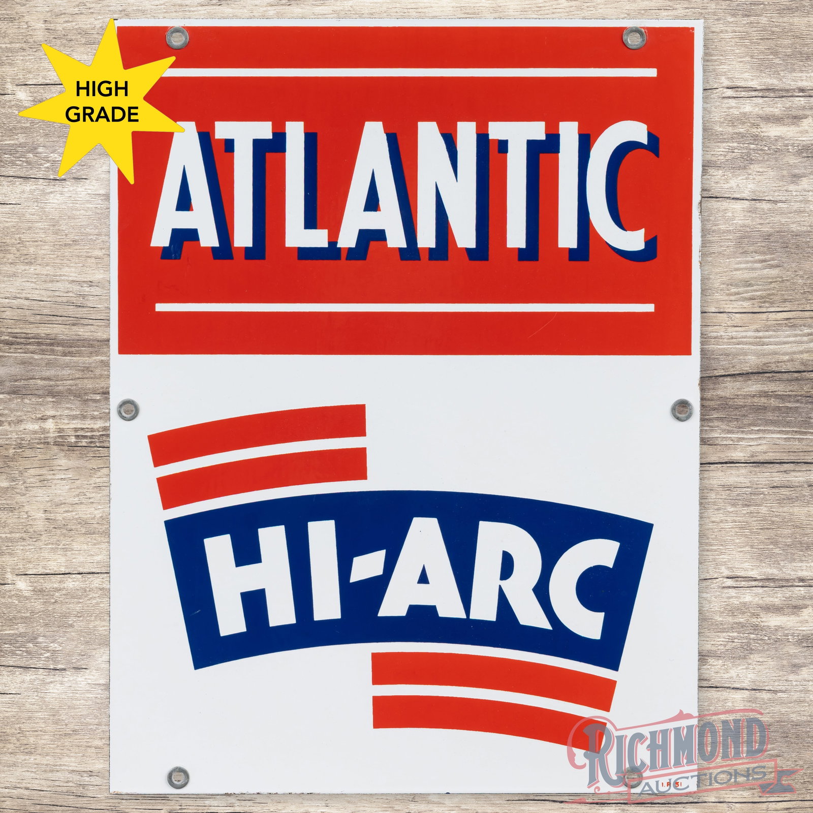 1951 Atlantic Hi-Arc Gasoline Single Sided Porcelain Pump Plate Sign: SSP (single sided porcelain) pump sign has excellent color and gloss. The fields are very clean overall with a few tiny fine scratches and slight cloudiness to the blue porcelain enamel. All of the fa