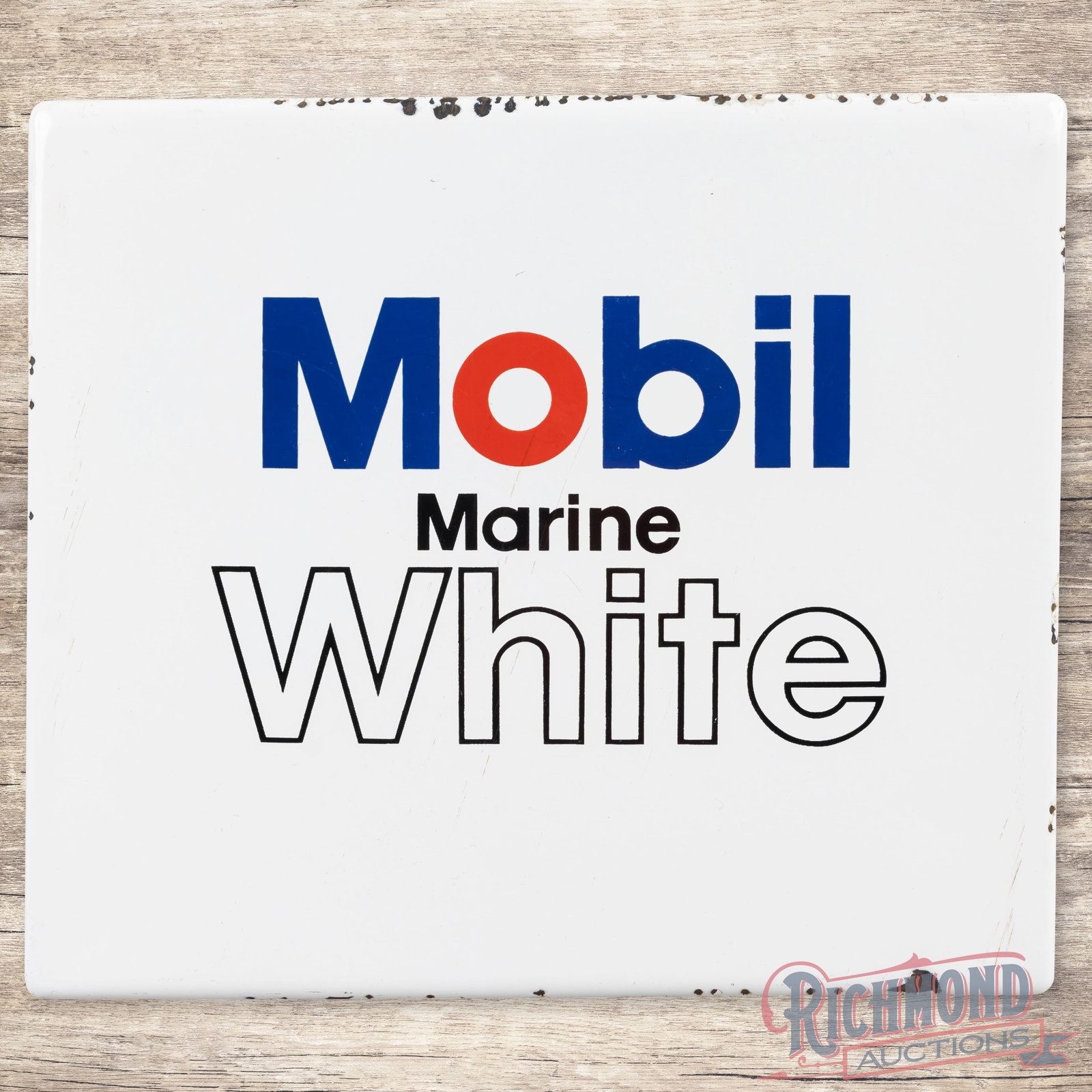 Mobil Marine White Gasoline Single Sided Porcelain Pump Plate Sign: SSP (single sided porcelain) rolled-edge sign has excellent color and gloss. The display has light wear with fine scratches in the lettering. The perimeter has scuffs with chips along the outer edges.