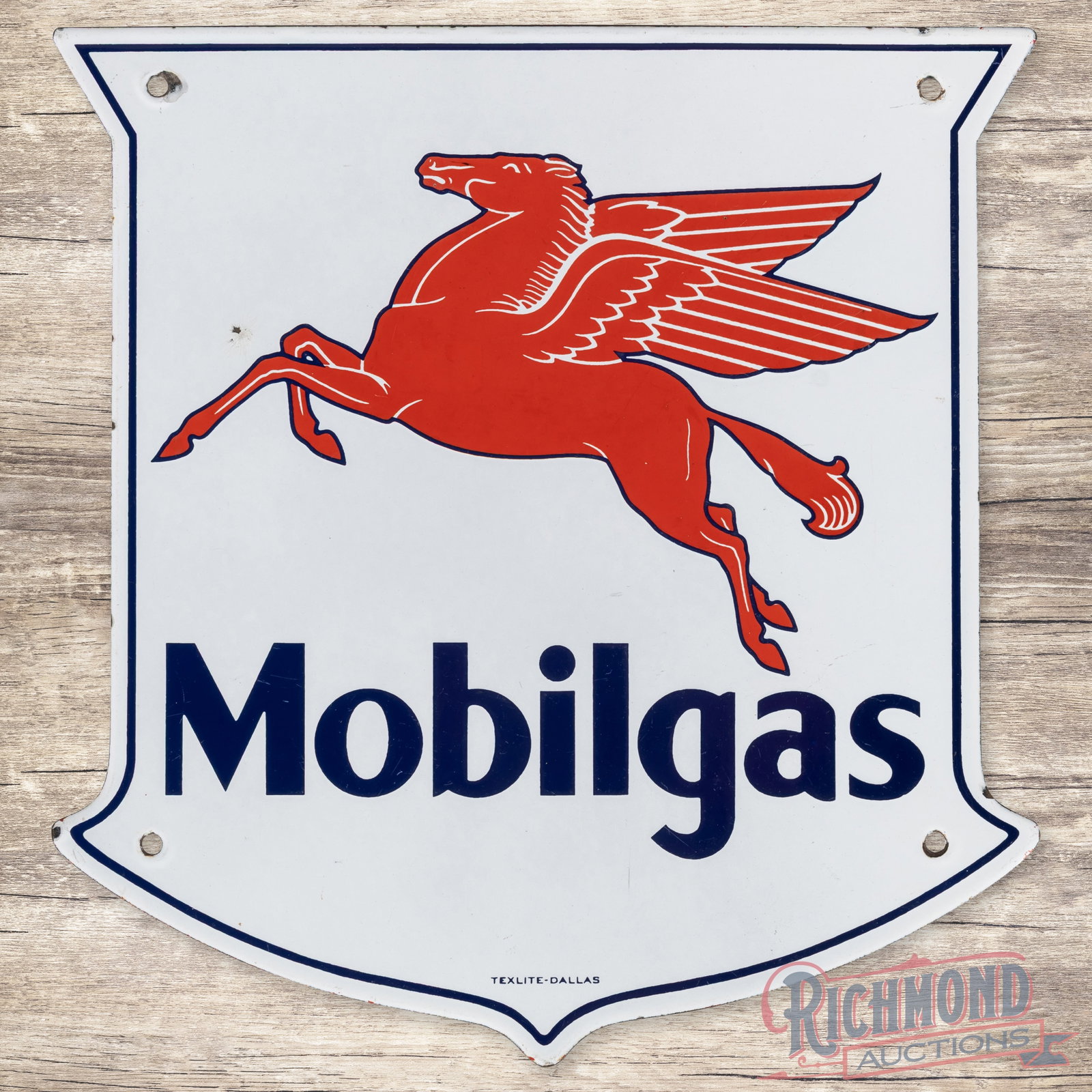 Mobilgas Gasoline Single Sided Porcelain Pump Plate Sign w/ Pegasus: SSP (single sided porcelain) pump sign has excellent color and gloss. The display has light wear with a small chip and bruises in the left field near Pegasus' knee. The perimeter has small chips at tw