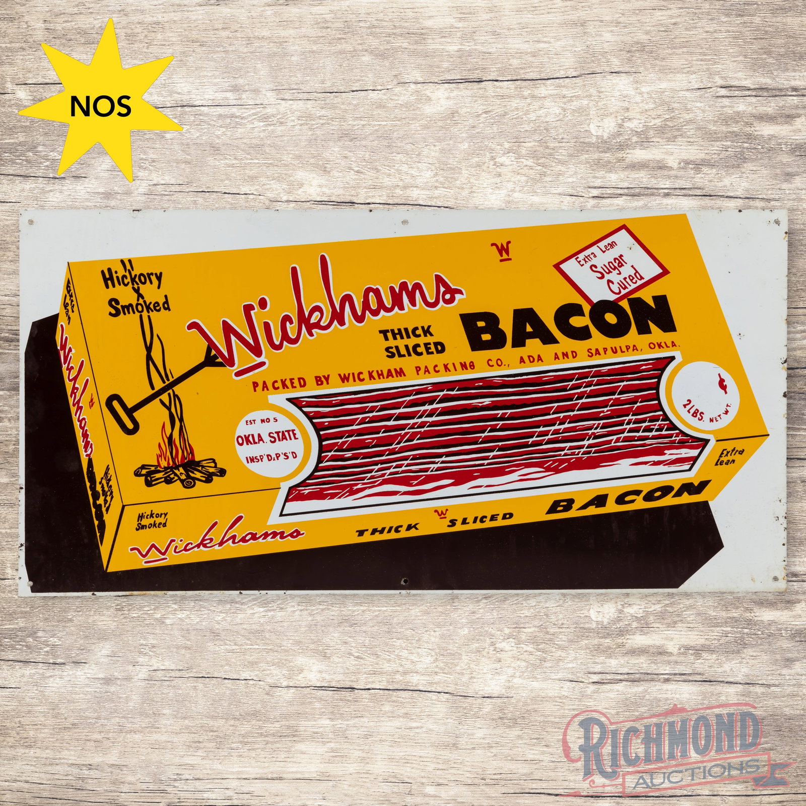 NOS Wickhams Hickory Smoked Bacon Single Sided Tin Sign Sapulpa Oklahoma: NOS (new old stock) SST (single sided tin) sign has excellent color and shine. The field is very clean overall with areas of light storage wear. The outer fields and perimeter have faint paper marks w