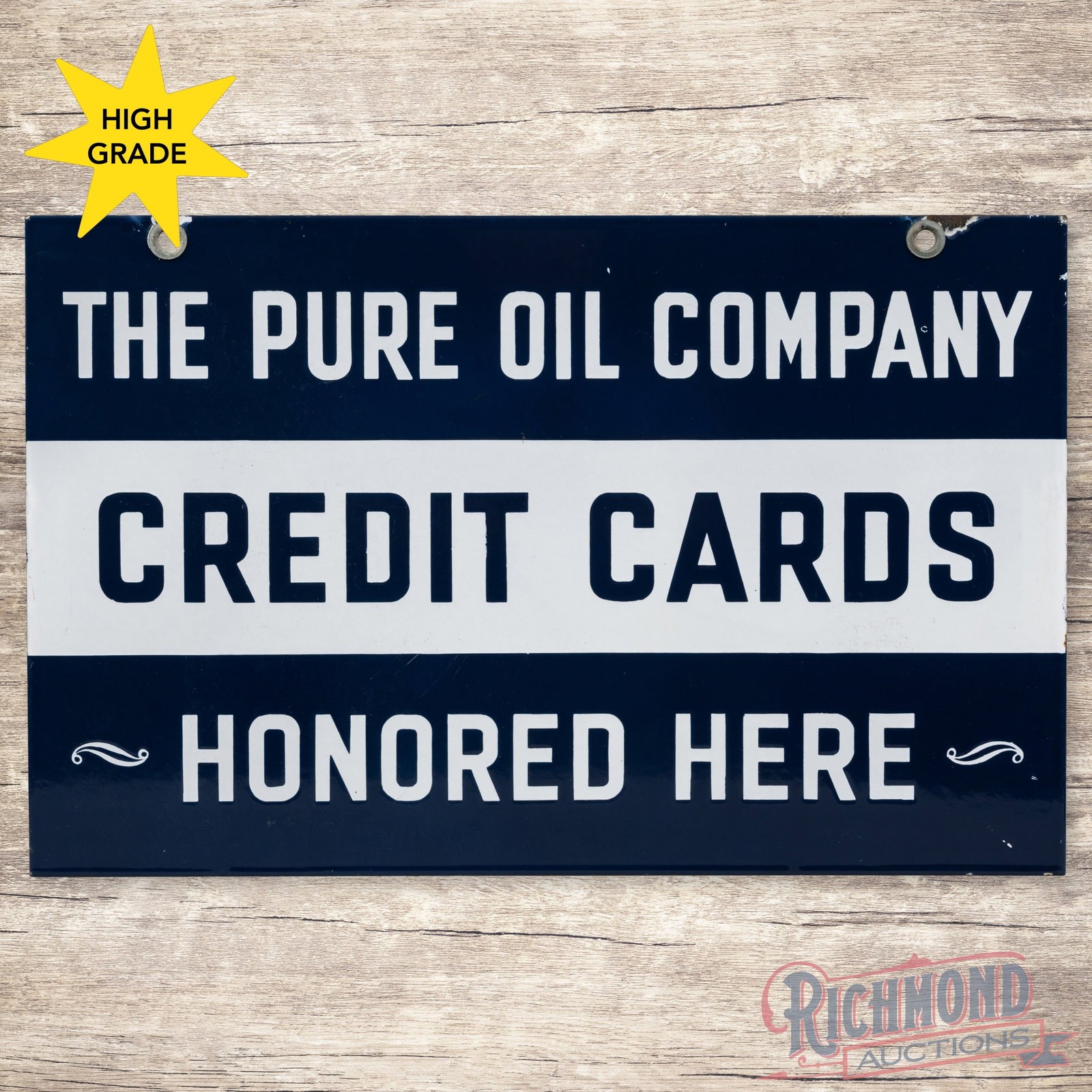 Pure Oil Company Credit Cards Honored Here Double Sided Porcelain Sign: DSP (double sided porcelain) sign has excellent color and gloss. Side #1 is very clean overall with minor surface imperfections in the fields and small chips along the edges. The reverse is in a simil