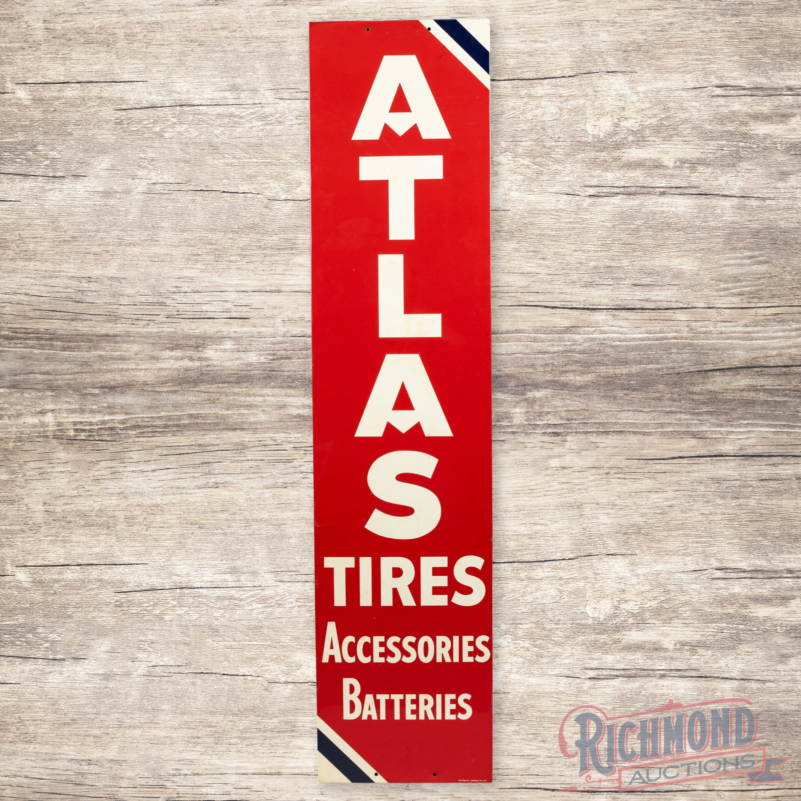1961 Atlas Tires Accessories Batteries Single Sided Tin Sign: SST (single sided tin) sign with a factory wooden support frame has excellent color and shine. The display has light wear with fine scratches and areas of discoloration which are primarily in the "Alt