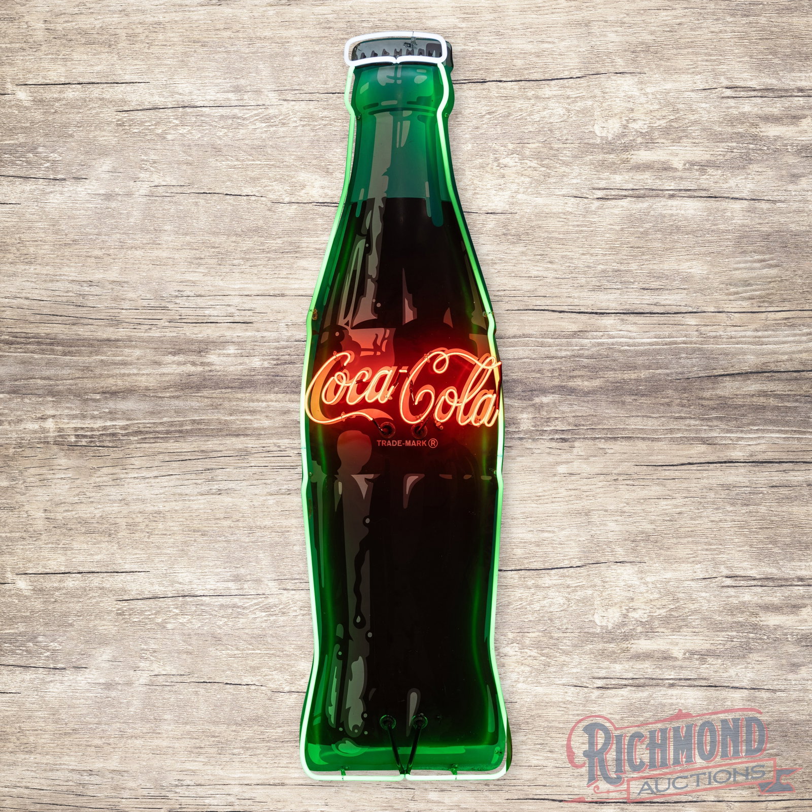 Coca Cola 6' Single Sided Tin Convex Neon Bottle Sign: SST (single sided tin) convex die cut sign with added neon and a metal can has very good color and shine. The display has light wear with fine scratches in the lower fields. The perimeter has minor ed