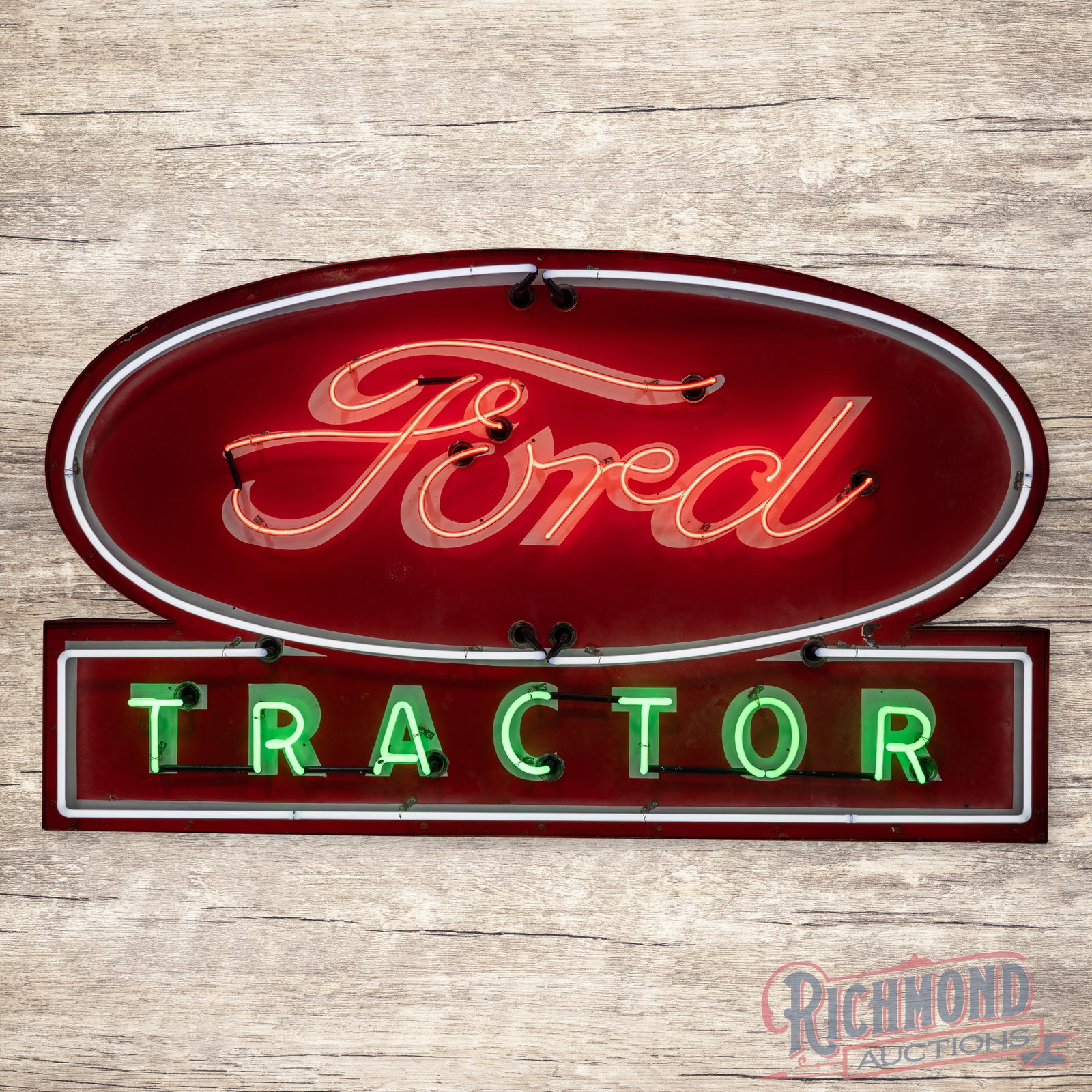 Ford Tractor 6' Die Cut Single Sided Porcelain Factory Neon Sign: SSP (single sided porcelain) factory neon sign with a metal can has good color. The display has color matched chips, areas of repaint to the white porcelain enamel and cloudiness to the red porcelain 