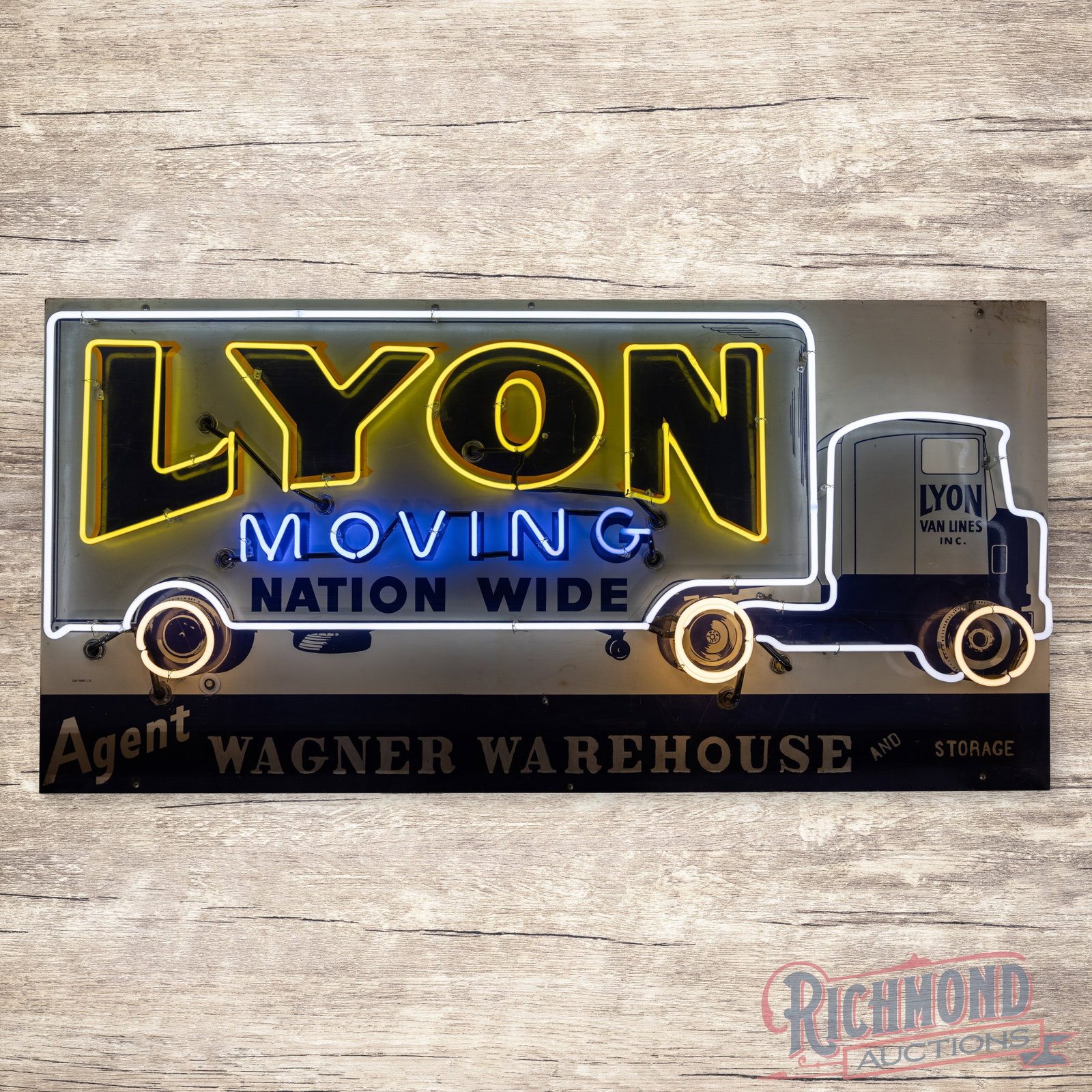 Lyon Van Lines Inc. Nation Wide Moving 6' Single Sided Tin Neon Sign w/ Truck: SST (single sided tin) sign with added neon and a metal can has excellent color and shine. The sign features highly detailed neon with a large Lyon Van Lines truck in the center field. The display has