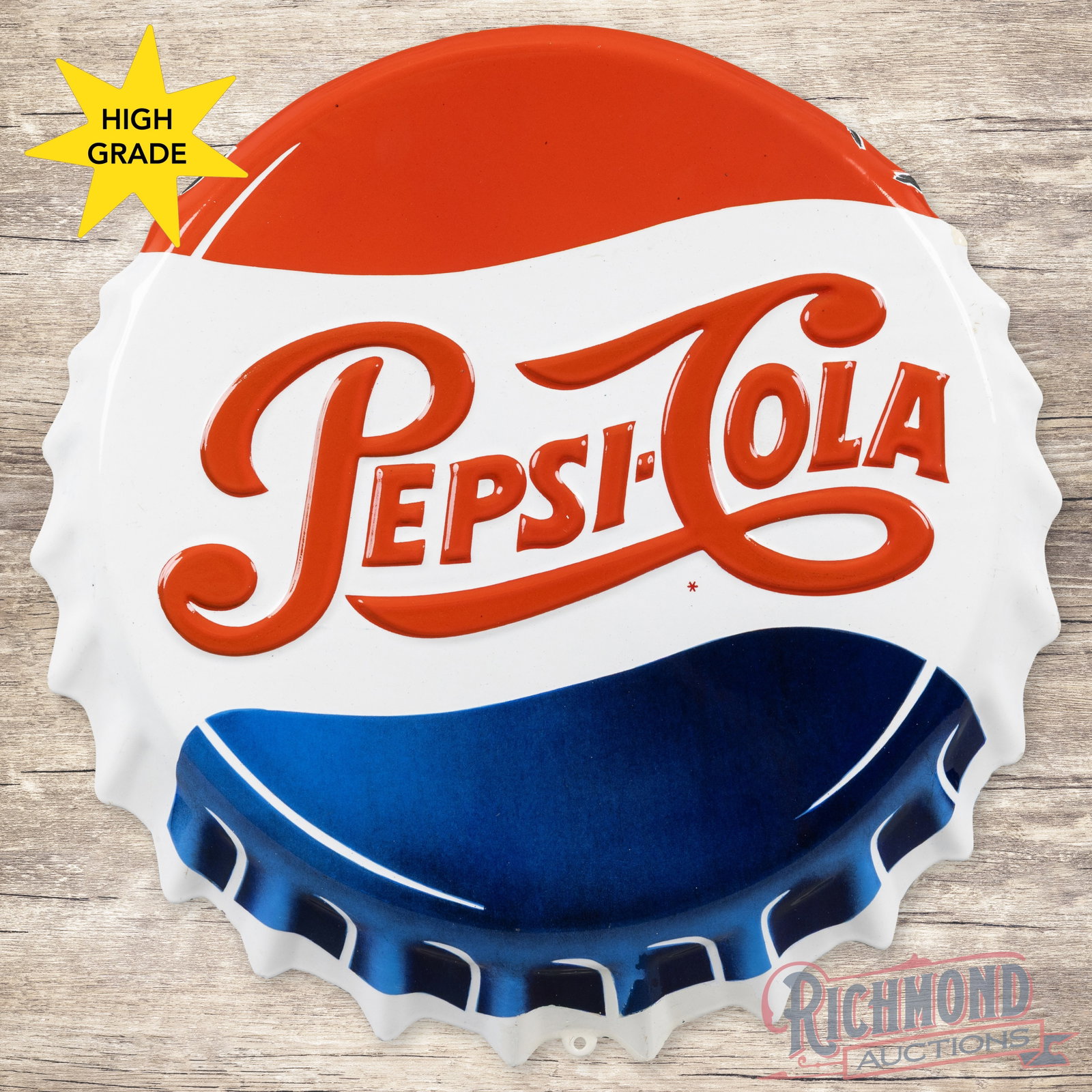 Pepsi Cola 19" Emb. Convex 3D Bottlecap Sign: SSP (single sided porcelain) die-cut embossed three-dimensional bottlecap sign has excellent color and gloss. The field is clean with light surface wear in the outer fields. The perimeter has small ch