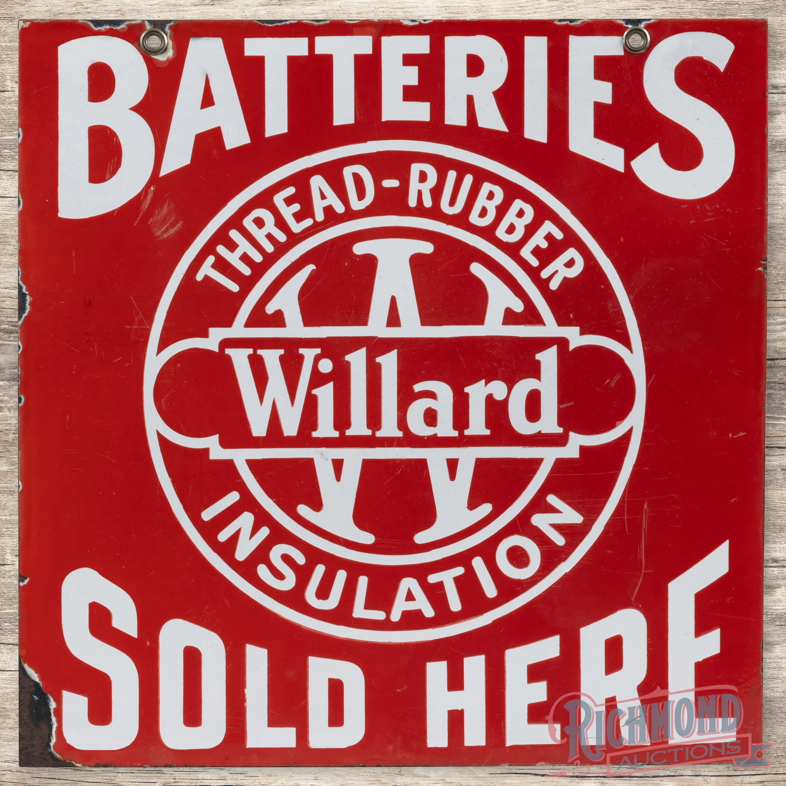 Willard Batteries Sold Here 18" Double Sided Porcelain Logo Sign: DSP (double sided porcelain) sign has excellent color and gloss. Side #1 has light wear with scuffs and small scratches in the fields. The perimeter has chips at the upper mounting holes and the outer