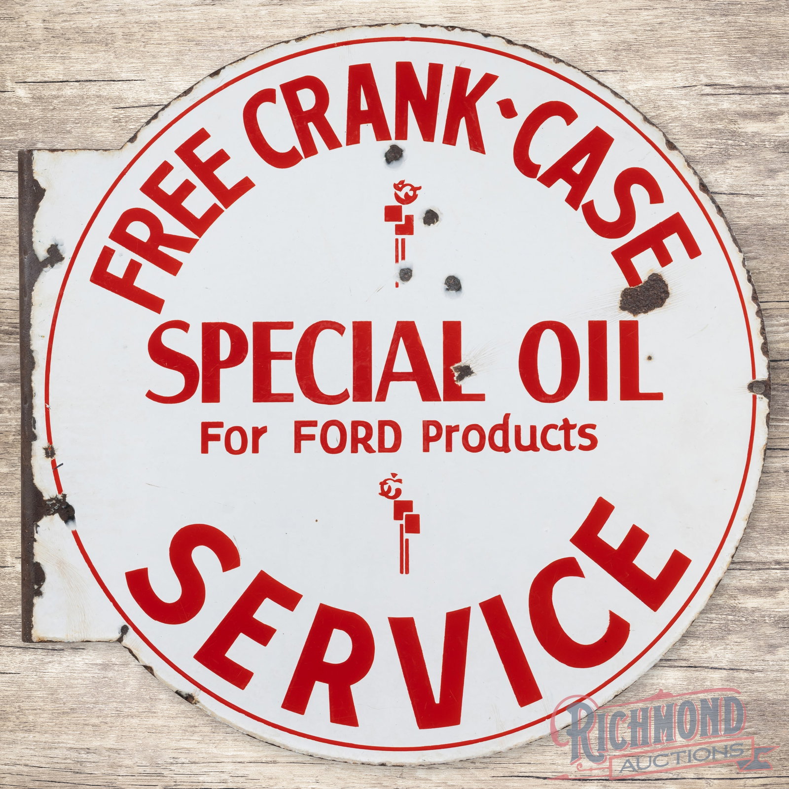 Rare Special Oil for Ford Products Free Crank Case Service Double Sided Porcelain Flange Sign: DSP (double sided porcelain) flange has good color. The display has faint cloudiness with small chips and bruises in the fields. The perimeter has edge wear with large chips and minor bends along the 