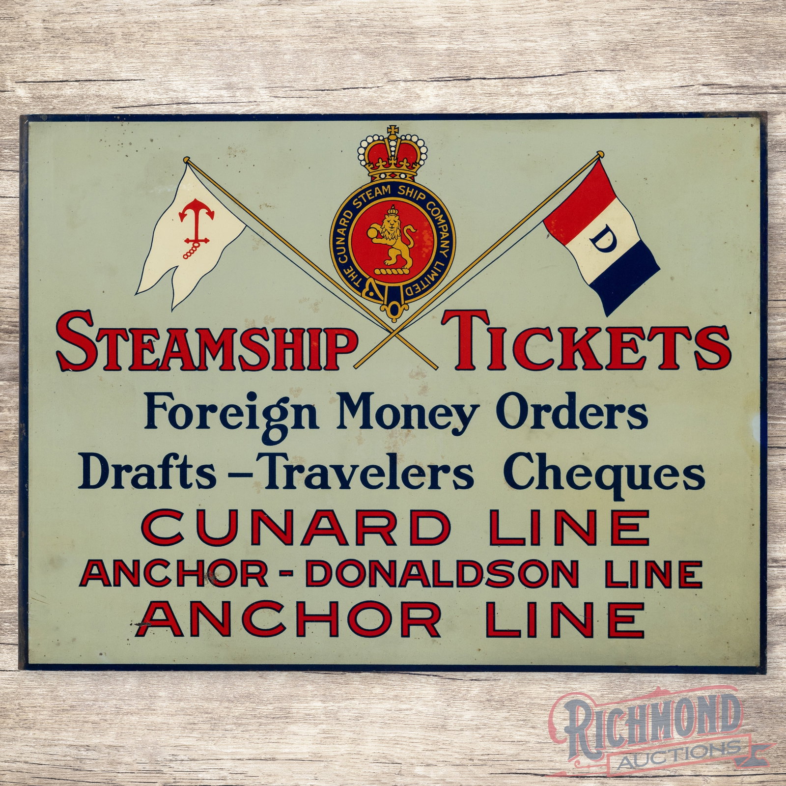 Scarce Cunard Anchor Donaldson Line Steamship Tickets Double Sided Tin Flange Sign w/ Logo: 1920s era DST (double sided tin) flange has excellent color and shine. The display has light wear with spotting in the fields. The outer fields and perimeter have small paint chips with light edge wea
