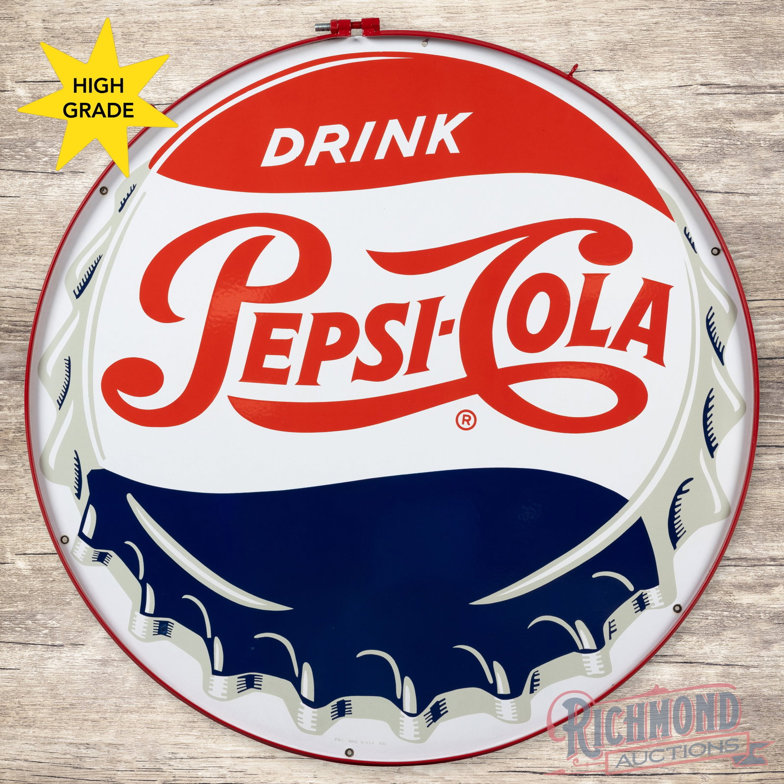 Drink Pepsi Cola 42" Single Sided Porcelain Logo Sign w/ Ring: Outstanding SSP (single sided porcelain) sign with ring has day one color and gloss. The surface of the sign and the field are exceptionally clean. The outer field has a dime-sized color-matched chip 