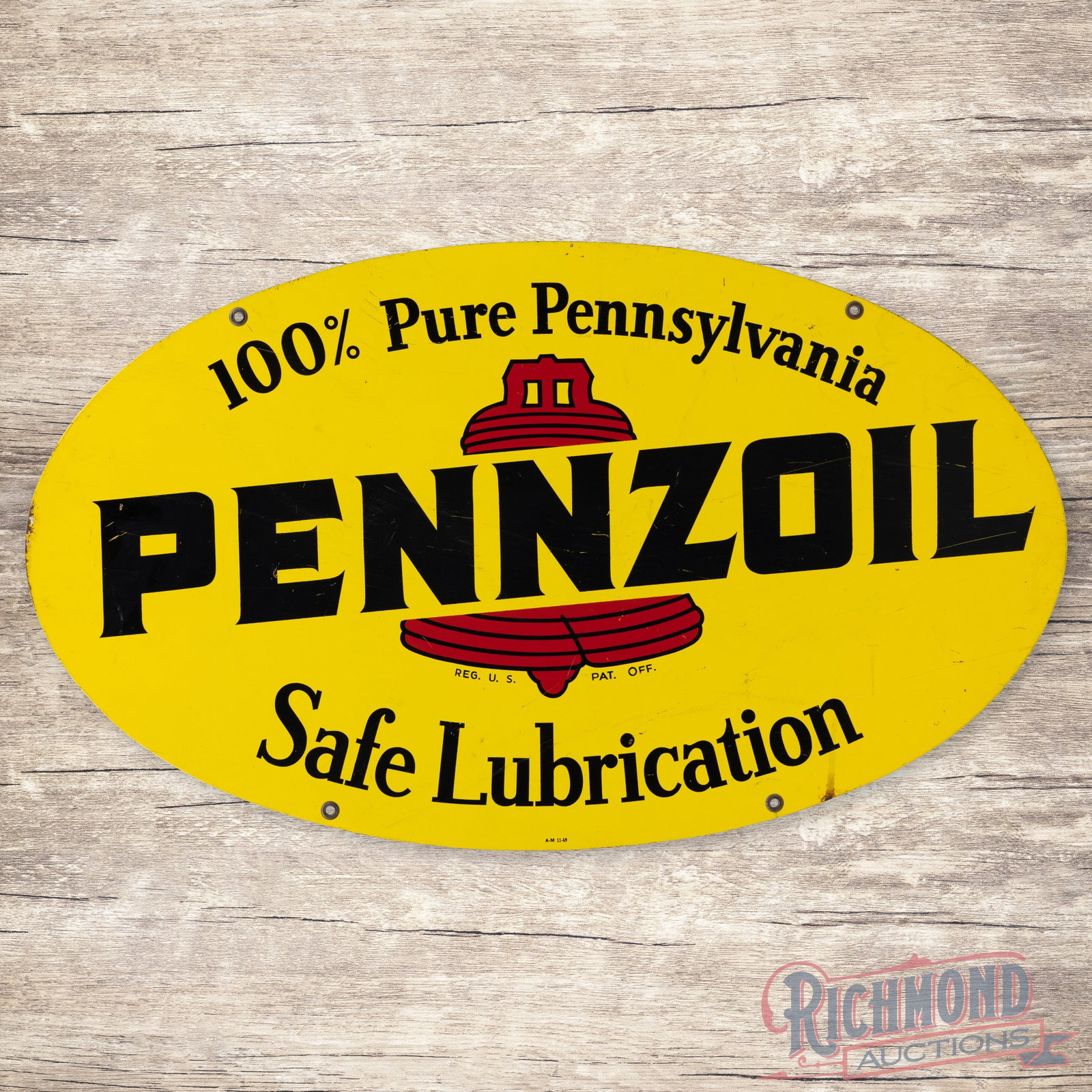 1969 Pennzoil 100% Pure Pennsylvania Safe Lubrication Double Sided Tin Sign w/ Red Bell: DST (double sided tin) sign has very good color and shine. Side #1 has light wear with marks and fine scratches in the outer fields. The perimeter has paint chips along the right hand edge. The revers
