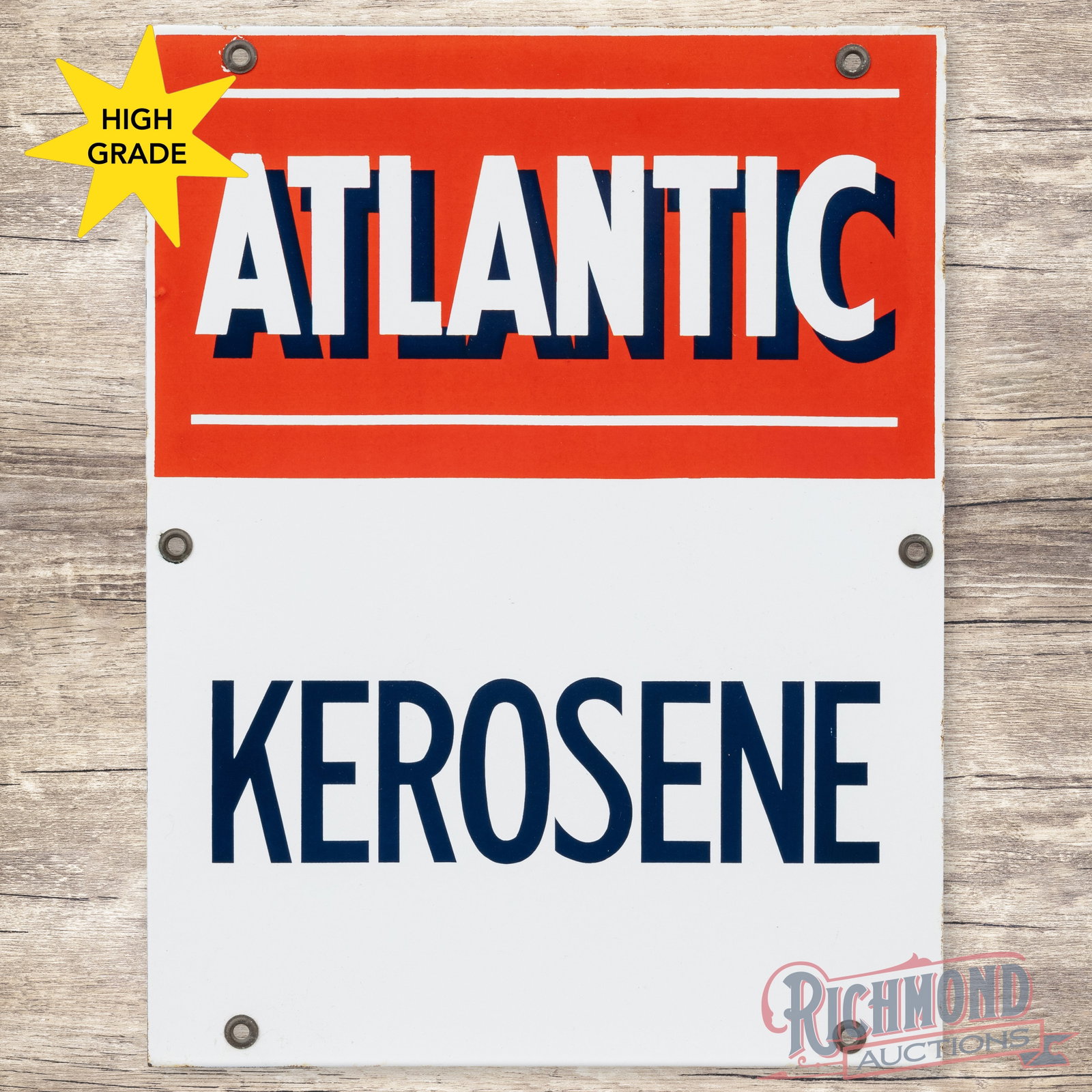 Atlantic Kerosene Single Sided Porcelain Gas Pump Plate Sign: SSP (single sided porcelain) pump plate has outstanding color and gloss. The fields are clean. The perimeter has a few tiny flakes at the upper left mounting hole and minor edge wear. All six factory 