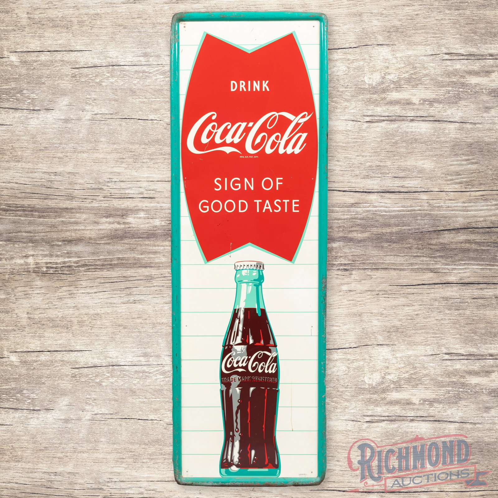 Drink Coca Cola Sign of Good Taste 54" Single Sided Tin Sign w/ Fishtail & Bottle: SST (single sided tin) self-framed Coke sign has very good color and shine. The display has light wear with minor indentations, scratches and paint chips. The perimeter has oxidation, paint loss and s