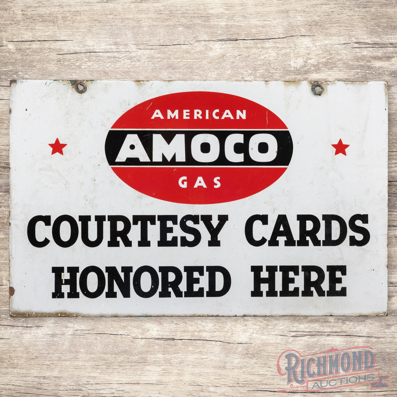 Amoco American Gas Courtesy Cards Honored Here Double Sided Porcelain Sign w/ Logo: DSP (double sided porcelain) sign has good color rand gloss. The display has light wear with small scratches in the field. The lower left outer field has chips with areas of crazing. The perimeter has