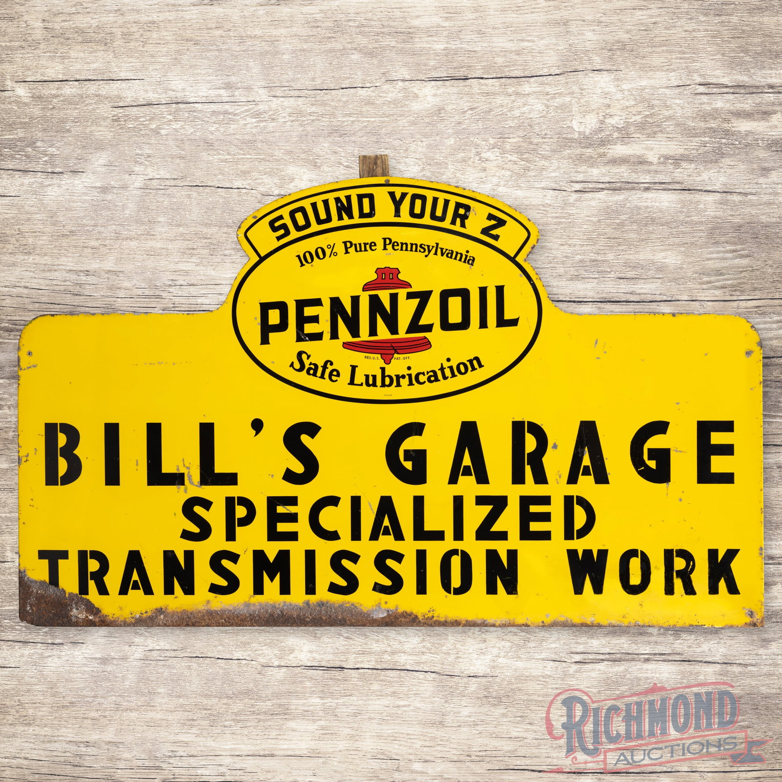 1962 Pennzoil Sound Your Z Bill's Garage Specialized Transmission Service 5' Die Cut Tin Sign: SST (single sided tin) die cut sign with left, right and lower rolled edges has good color and shine. The display has wear with fine scratches and paint chips. The lower black lettering has areas of c