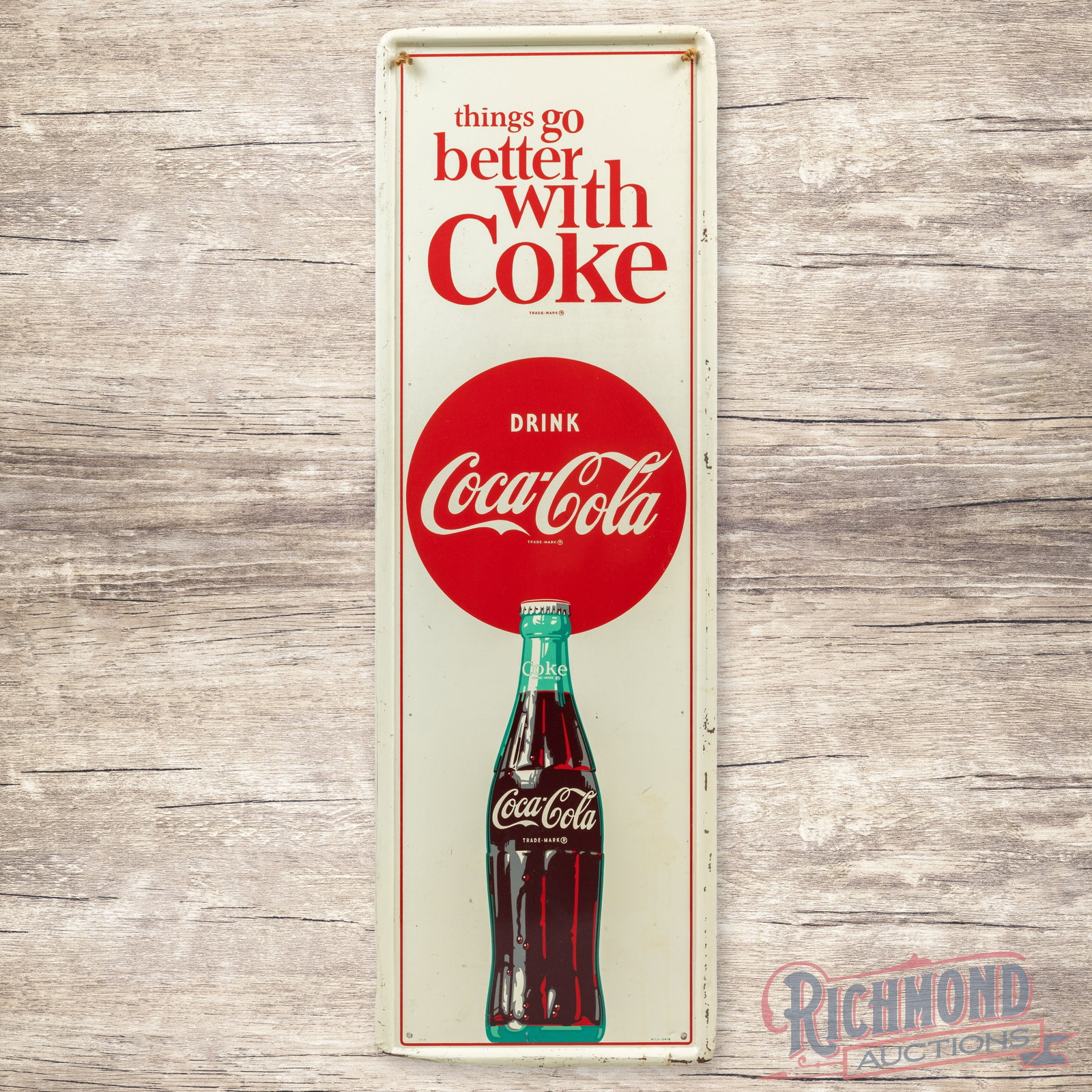 Things Go Better with Coke Drink Coca Cola 54" Single Sided Tin Sign w/ Bottle: SST (single sided tin) self-framed Coke sign has very good color and shine. The display has light wear with fine scratches and a few small paint chips. The perimeter has light bends, scratches and add