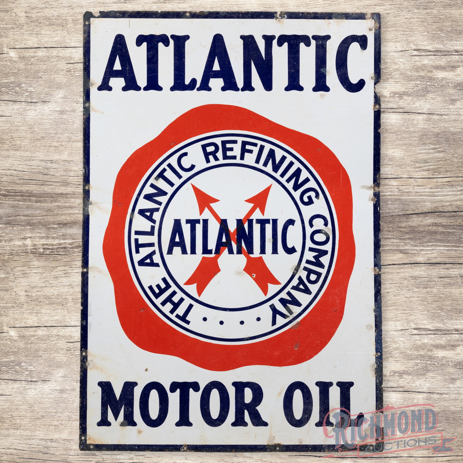 Atlantic Refining Company Motor Oil 4' Single Sided Porcelain Sign w/ Fried Egg Logo: SSP (single sided porcelain) sign has good color and gloss. The display has surface wear with areas of crazing and color matched chips. The perimeter has additional wear with metal loss, edge bends an