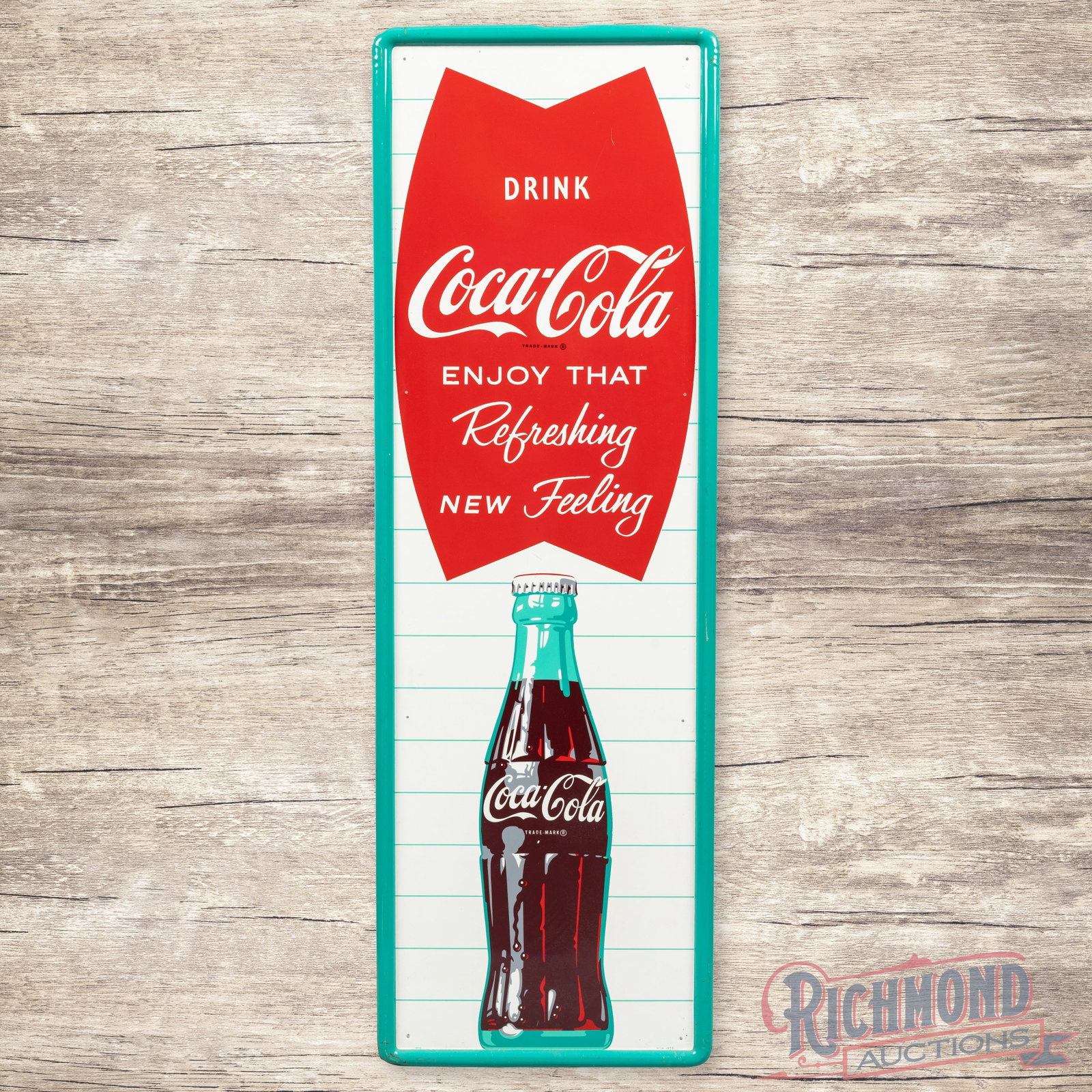 Drink Coca Cola Enjoy that Refreshing New Feeling 54" Single Sided Tin Sign w/ Fishtail & Bottle (1 of 3)