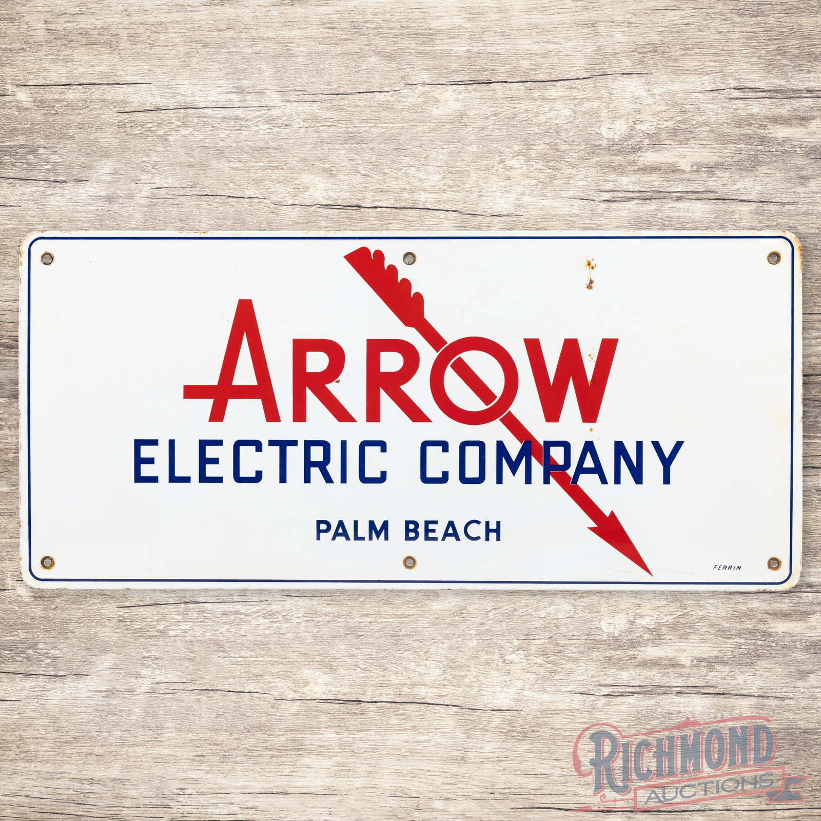 Arrow Electric Company Palm Beach Florida Single Sided Porcelain Sign: SSP (single sided porcelain) sign has very good color and gloss. The field exhibits small chips and light wear with areas of faint cloudiness and discoloration. The perimeter has minor edge wear with 