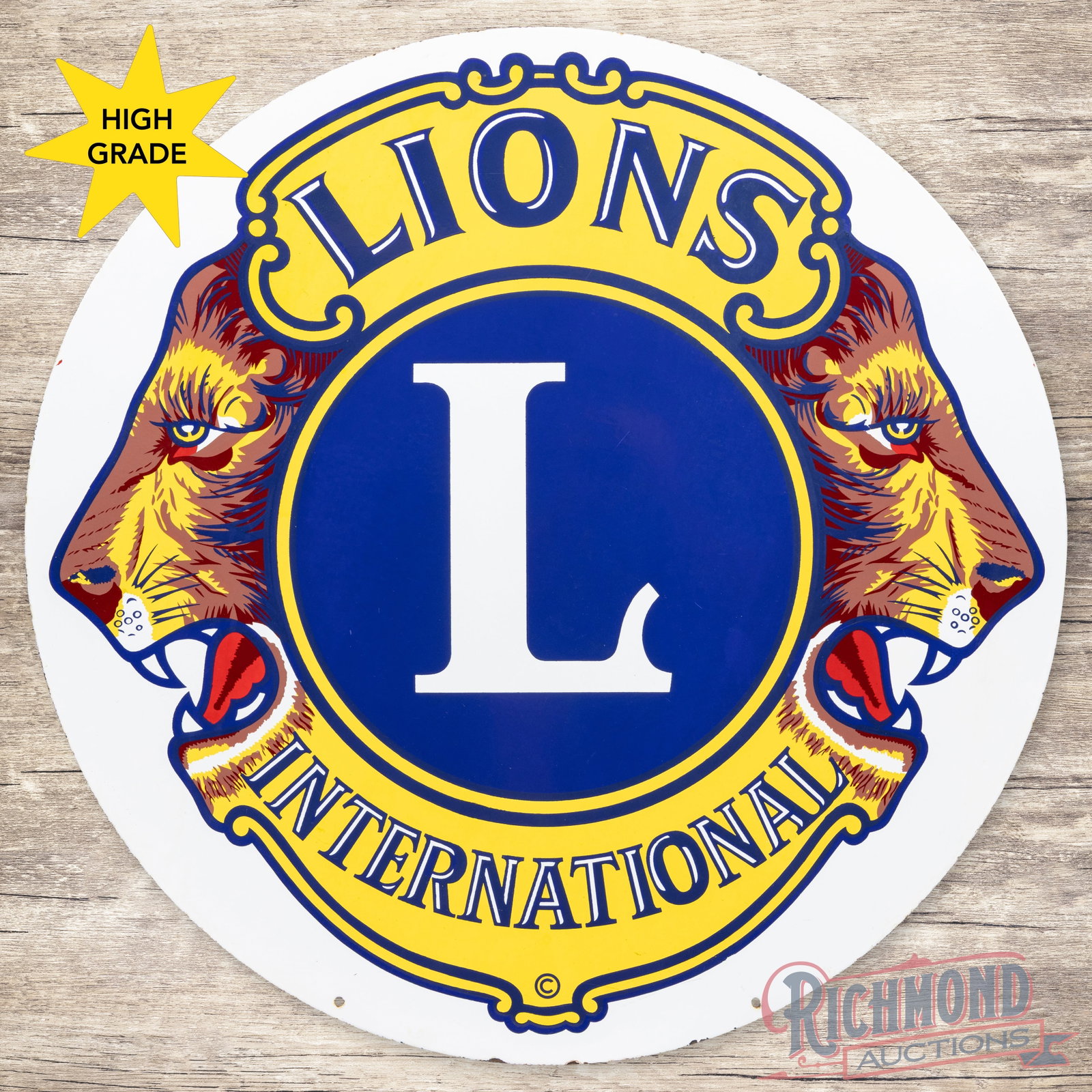 Lions Club International 30" Single Sided Porcelain Logo Sign: SSP (single sided porcelain) sign has excellent color and gloss. The sign is exceptionally clean and appears to be NOS (new old stock). The fields have a few tiny surface imperfections and the outer e