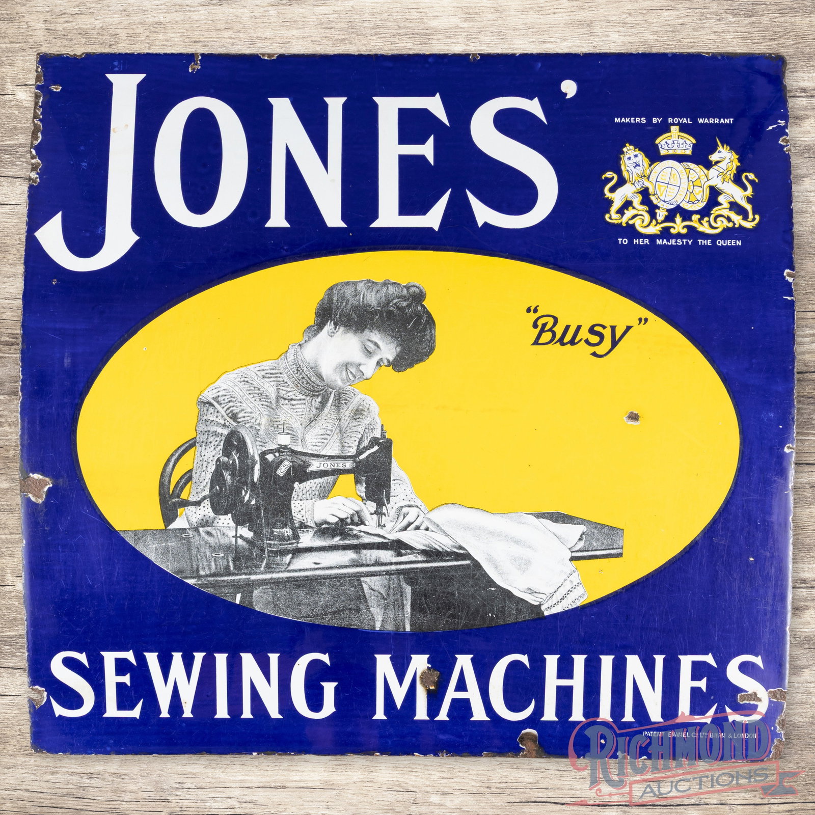 Jones "Busy" Sewing Machines Single Sided Porcelain Sign w/ Lady & Royal Warrant Crest (1 of 3)