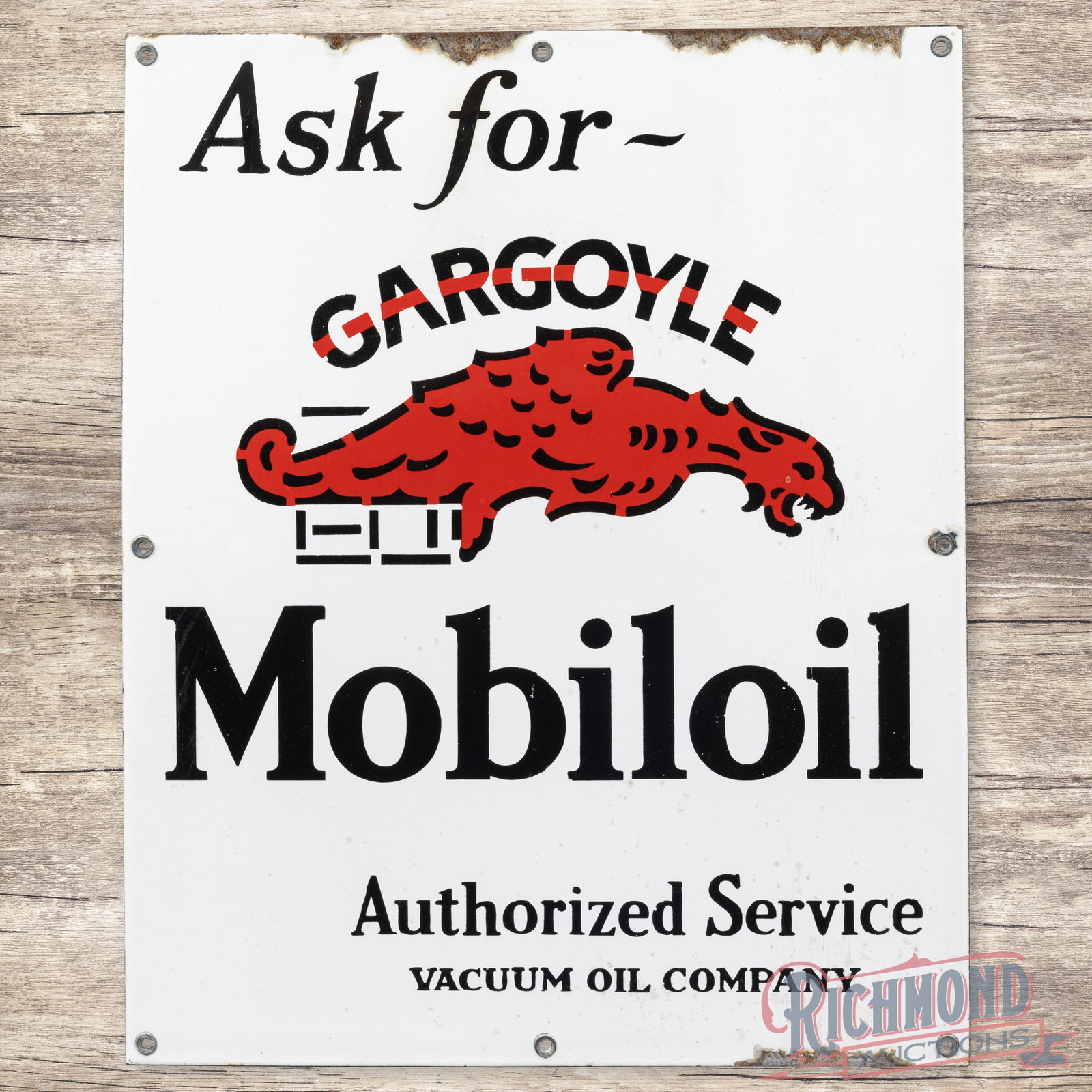 Ask for Gargoyle Mobiloil Authorized Service Single Sided Porcelain Cabinet Sign: SSP (single sided porcelain) sign has excellent color and gloss. The display has light wear with spotting in the field and lower fields. The perimeter has chips and crazing along the upper and lower e