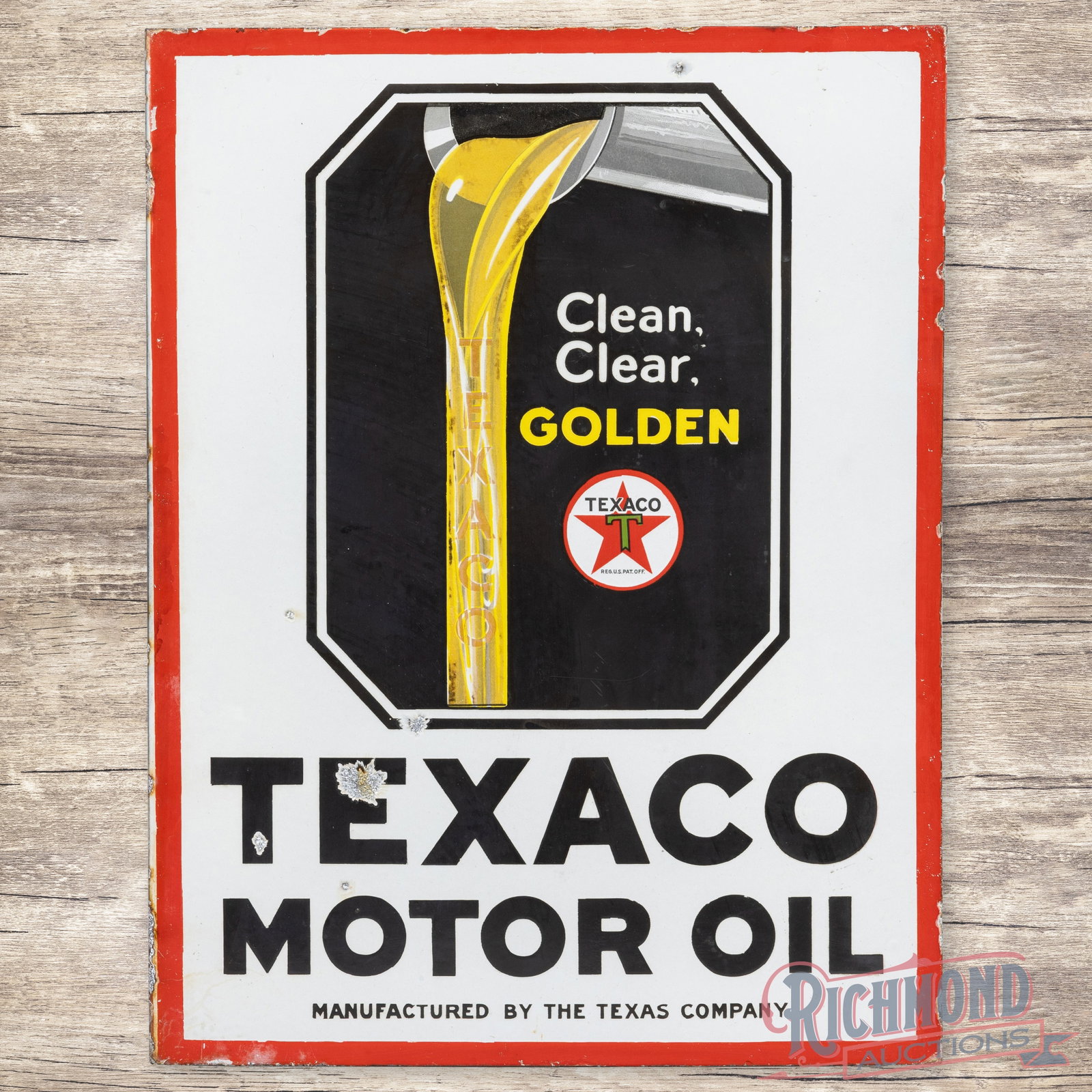 Texaco Motor Oil Clean Clear Golden Double Sided Porcelain Flange Sign (1 of 4)