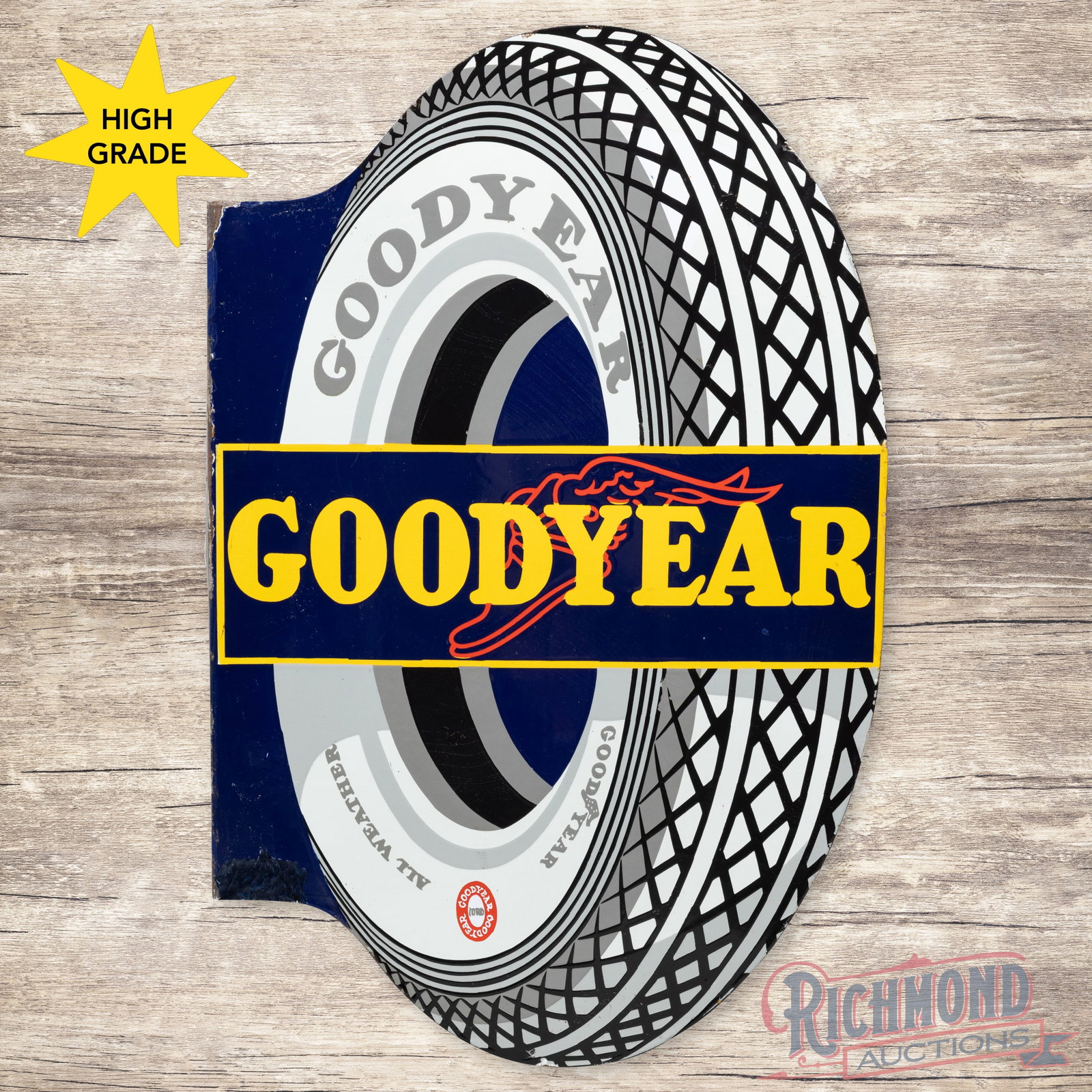 Goodyear All Weather Tires Double Sided Porcelain Flange Sign: DSP (double sided porcelain) flange has excellent color and gloss. The display has light wear with minor factory imperfections. The perimeter has edge chips and an area of color match on the lower lef