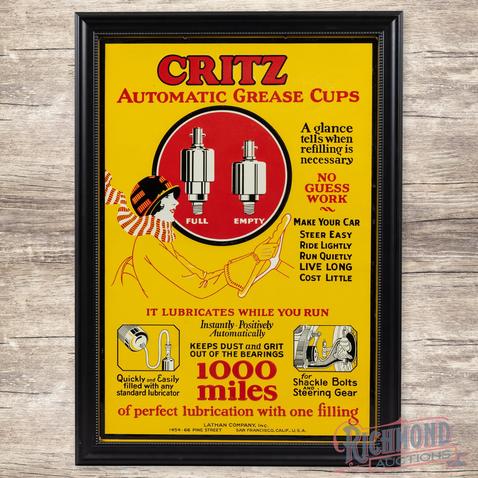 Critz Automatic Grease Cups 1000 Miles of Perfect Lubrication Emb. Single Sided Tin Sign w/ Lady (1 of 3)