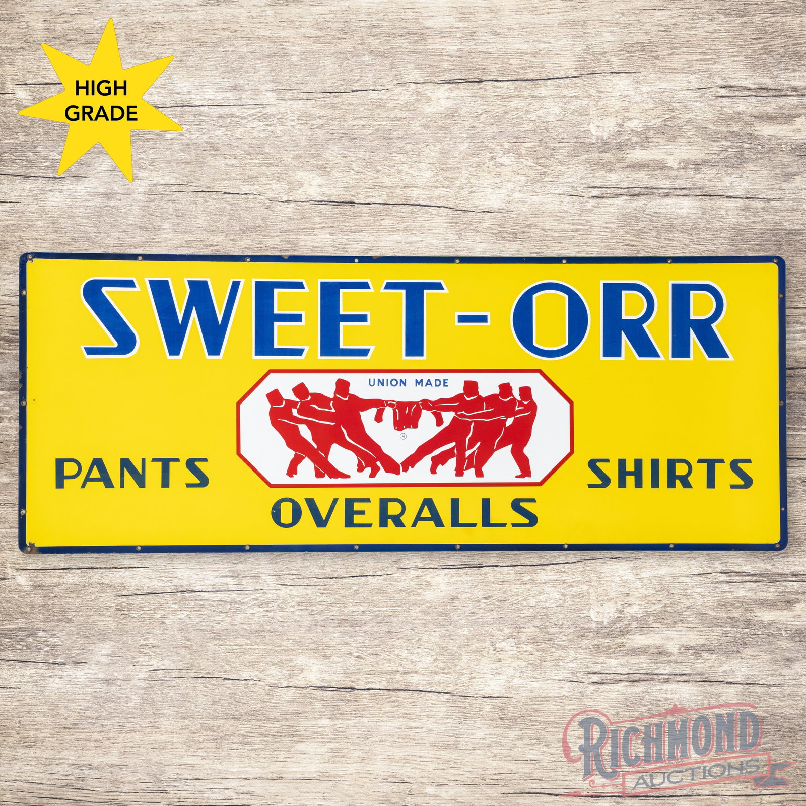 Sweet Orr Overalls Union Made Pants Shirts 6' Single Sided Porcelain Sign: SSP (single sided porcelain) sign has day one color and gloss. The fields are clean with minor factory blemishes in the lower lettering. The perimeter has small chips at some of the mounting holes wit
