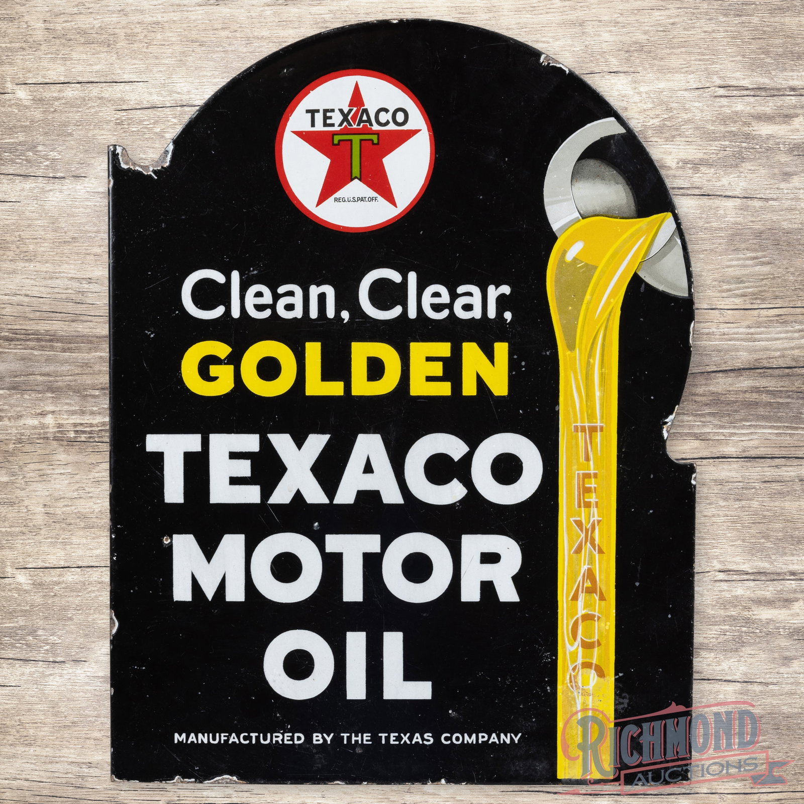Clean Clear Golden Texaco Motor Oil Double Sided Porcelain Flange Sign: DSP (double sided porcelain) flange has very good color and gloss. Side #1 has light surface wear and a small factory blemish in the field. The perimeter has chips along the outer edges. The reverse h