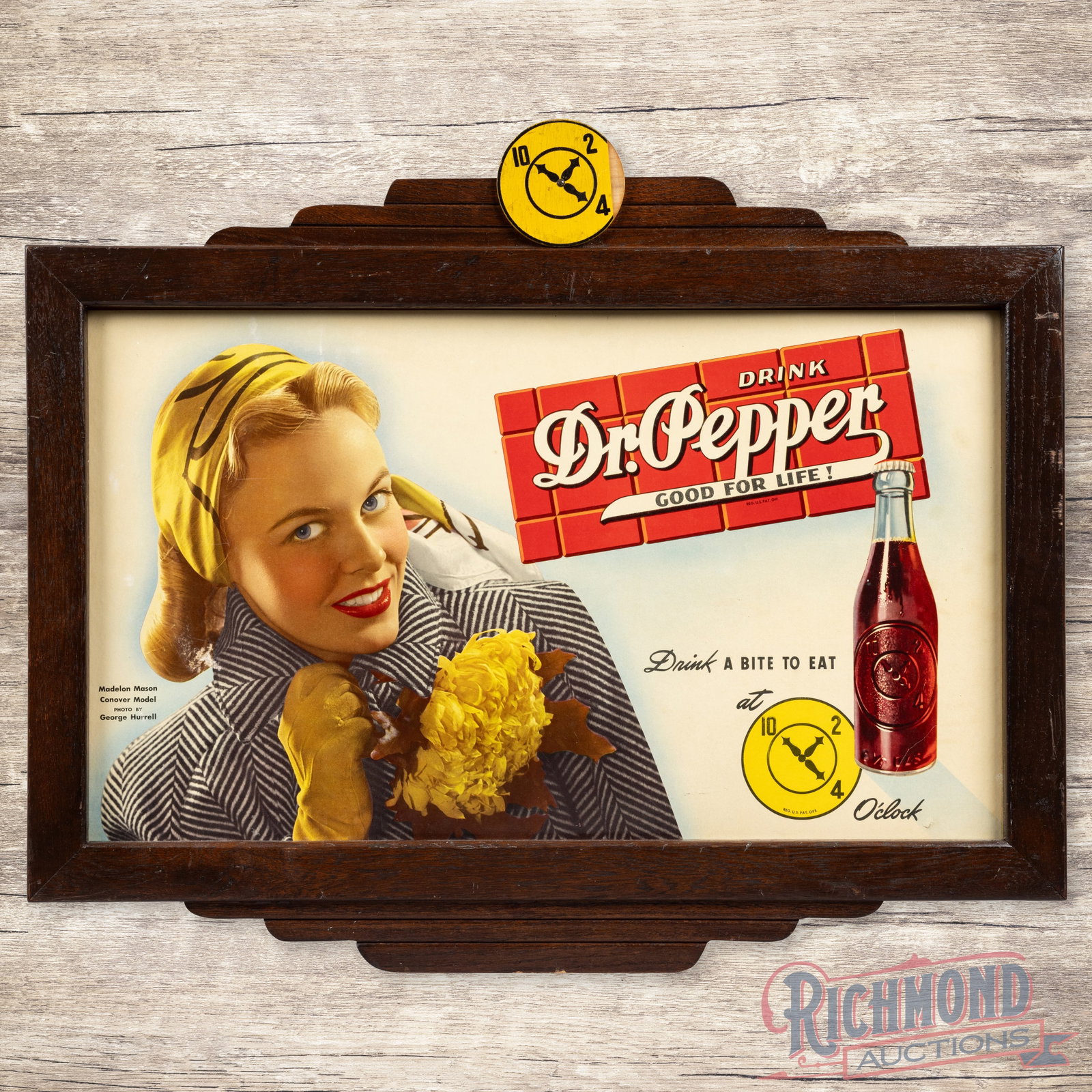 Drink Dr. Pepper Good for Life! Cardboard Sign w/ Wooden Frame: Single sided cardboard sign with a wooden Dr. Pepper 10-2-4 frame has excellent color. The display has light wear in the outer fields with an area of wear along the lower edge of the lady's hair and c