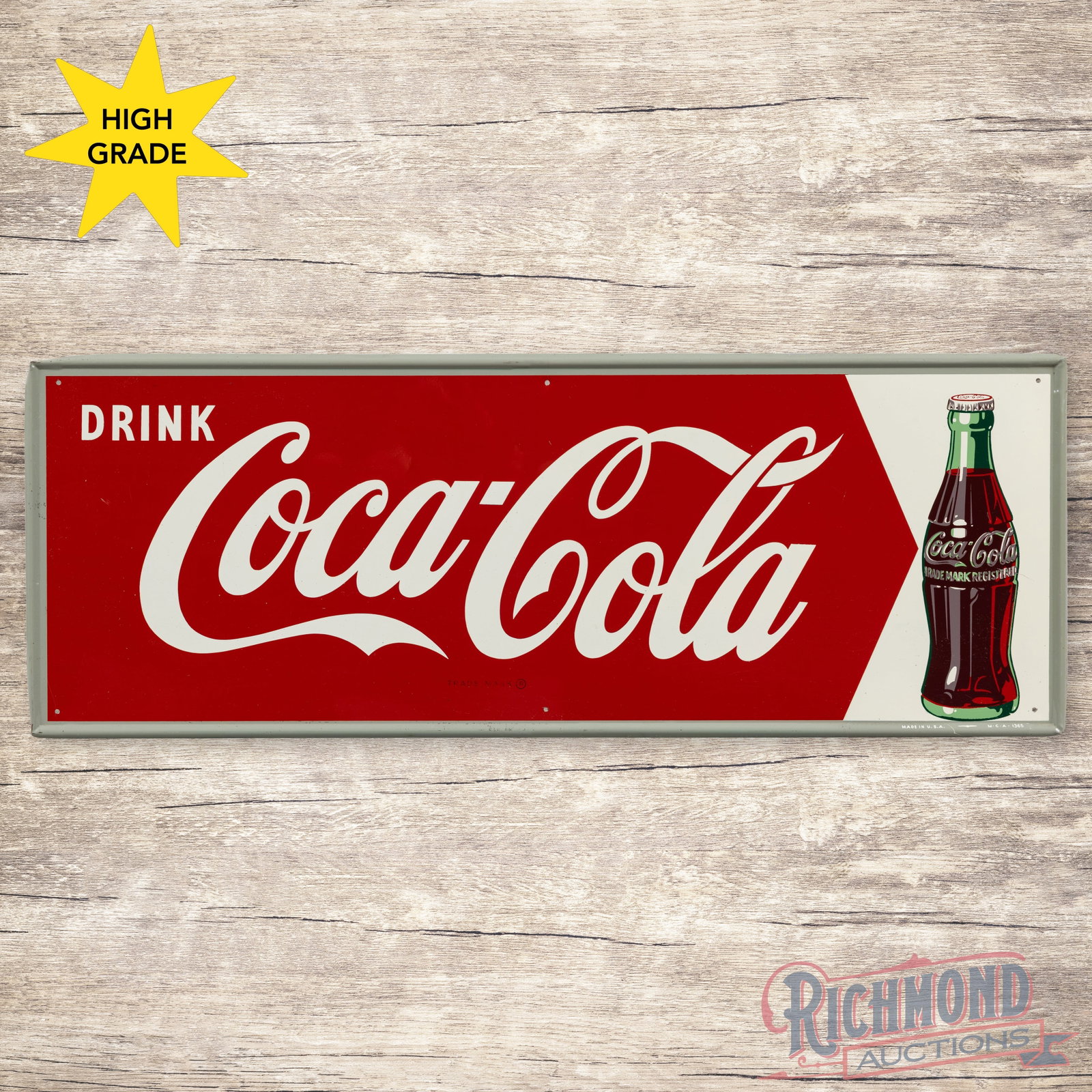 Drink Coca Cola Single Sided Tin Sign w/ Bottle: SST (single sided tin) self-framed Coke sign has excellent color and shine. The field is clean with small, fine scratches in the outer fields. The perimeter has light wear with a minor bend on the upp