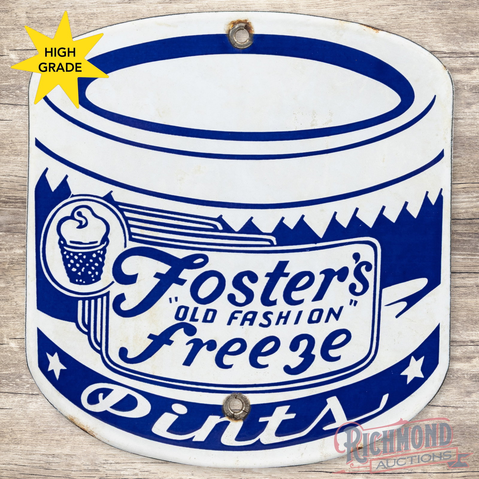 Foster's "Old Fashioned" Freeze Ice Cream Pints Single Sided Porcelain Sign: SSP (single sided porcelain) sign has very good color and gloss. The display is very clean overall with areas of slight discoloration and cloudiness. The perimeter has a tiny chip at the upper mountin
