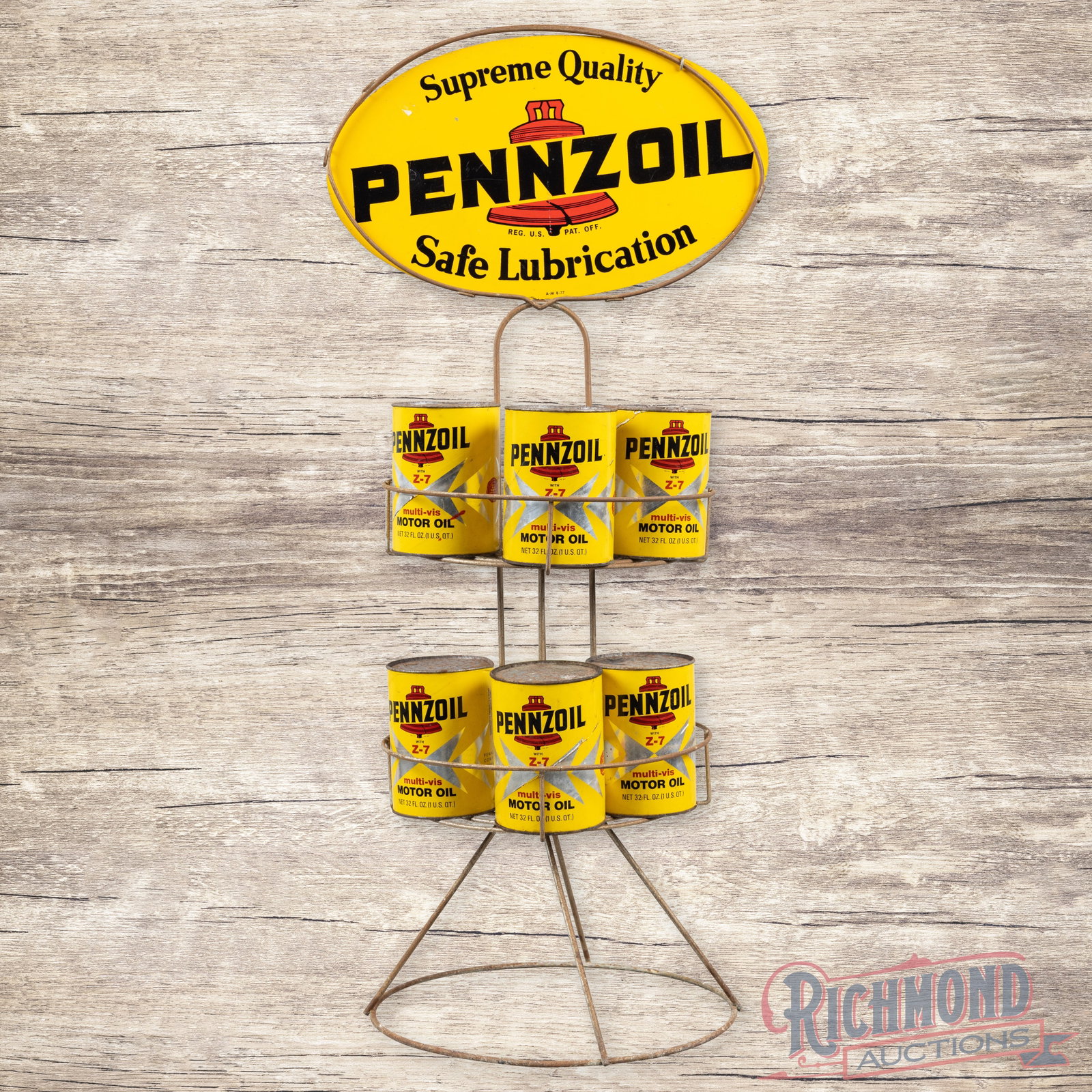1977 Pennzoil Supreme Quality Motor Oil Quart Can Display Rack w/ Double Sided Tin Sign (1 of 3)