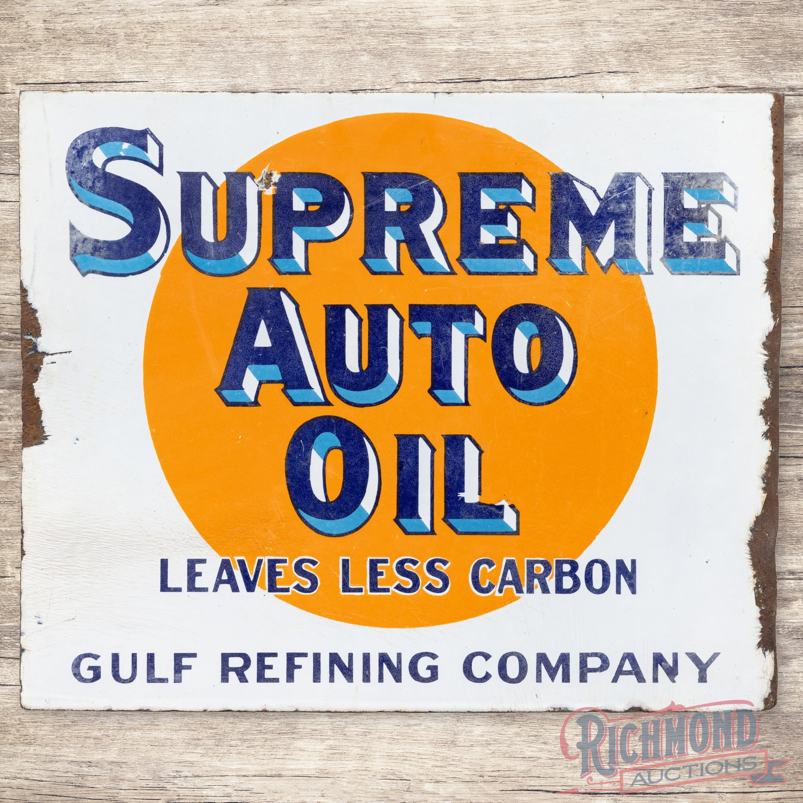 Gulf Supreme Auto Oil Double Sided Porcelain Flange Sign: DSP (double sided porcelain) sign has good color. The display has surface wear with areas of fading, crazing and chips which are primarily along the outer edges. The reverse has heavier surface wear w