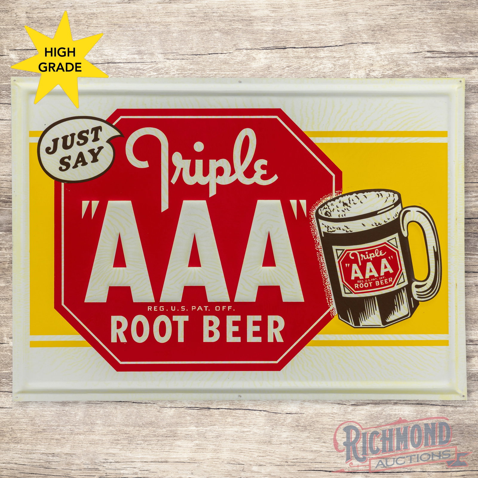 NOS Just Say Triple AAA Root Beer Emb. Single Sided Tin Sign w/ Mug (1 of 3)